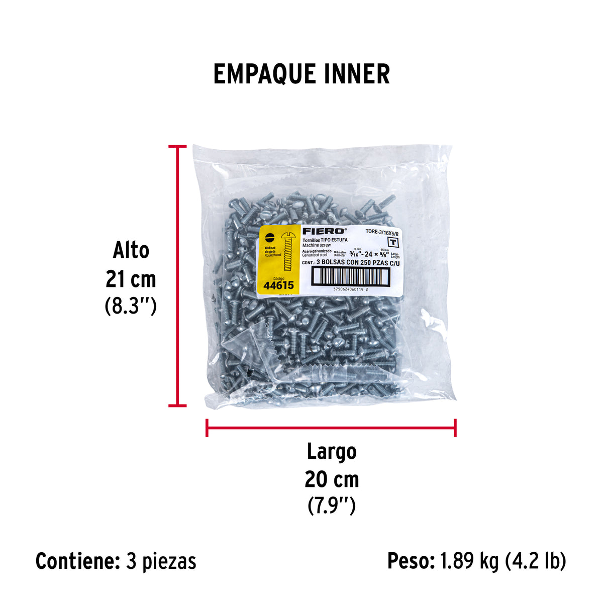 Tornillo acero galvanizado tipo estufa 3/16x5/8", 250 pzas