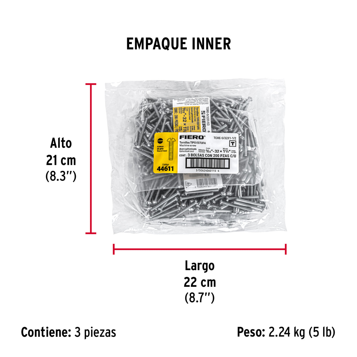 Tornillo acero galvanizado tipo estufa 5/32x1 1/2",200 pzas