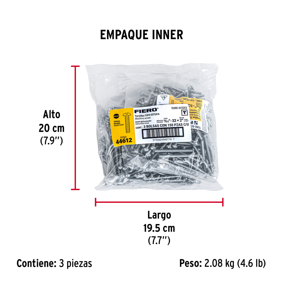 Tornillo acero galvanizado tipo estufa 5/32x2", 150 pzas
