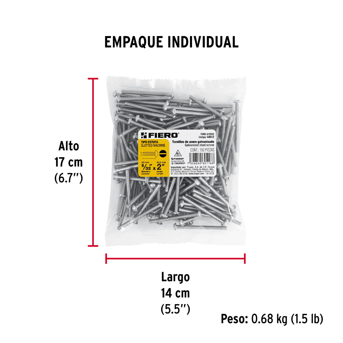 Tornillo acero galvanizado tipo estufa 5/32x2", 150 pzas