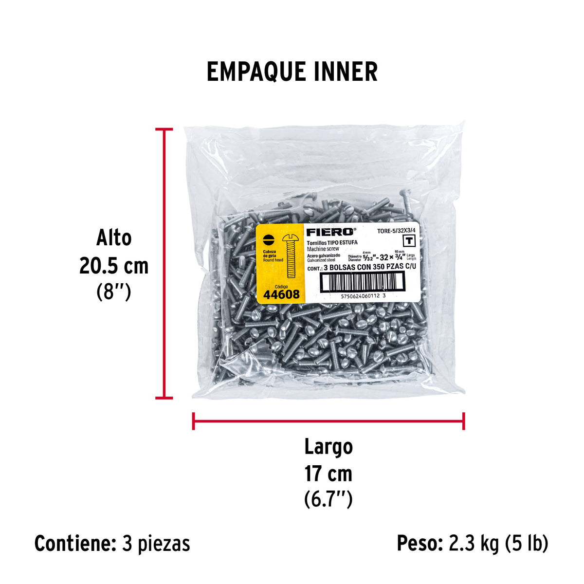 Tornillo acero galvanizado tipo estufa 5/32x3/4", 350 pzas