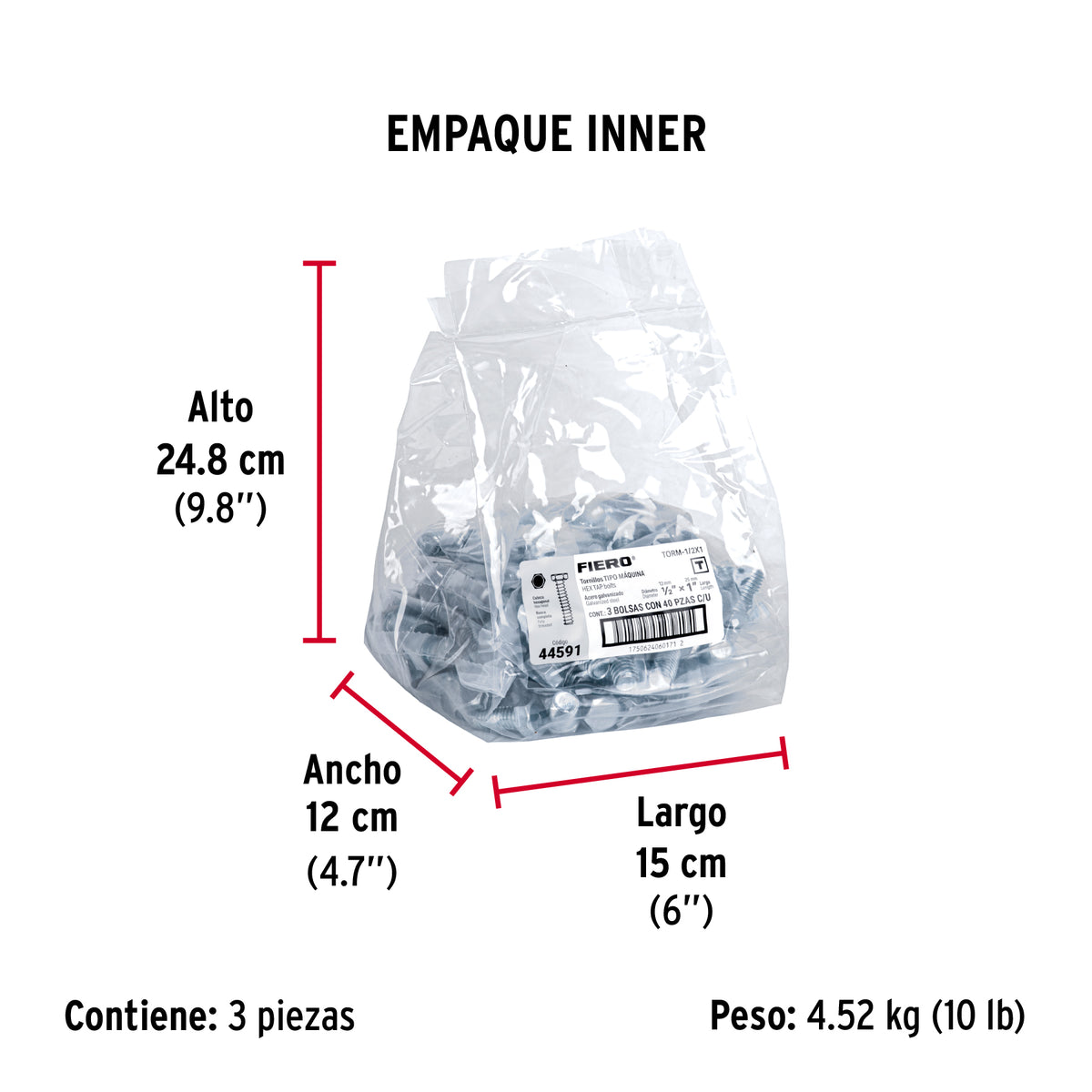 Tornillo acero galvanizado tipo máquina 1/2x1", 40 pzas