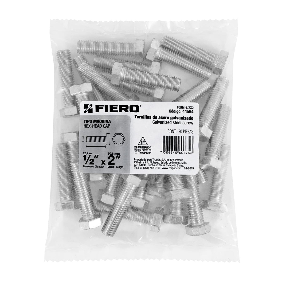 Tornillo acero galvanizado tipo máquina 1/2x2", 30 pzas