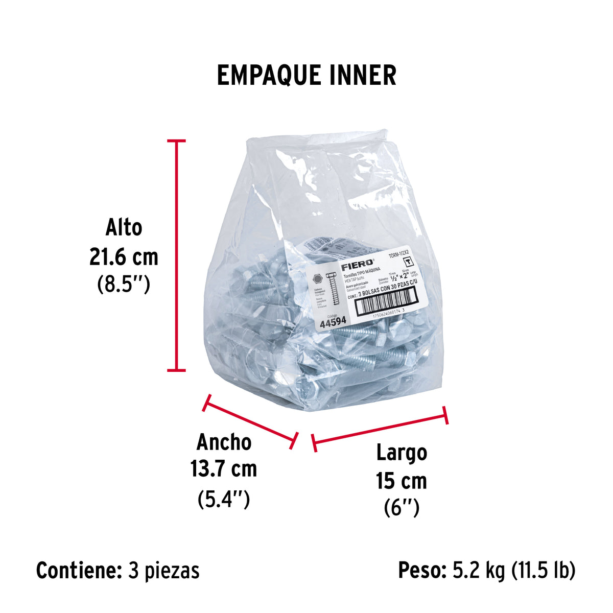 Tornillo acero galvanizado tipo máquina 1/2x2", 30 pzas