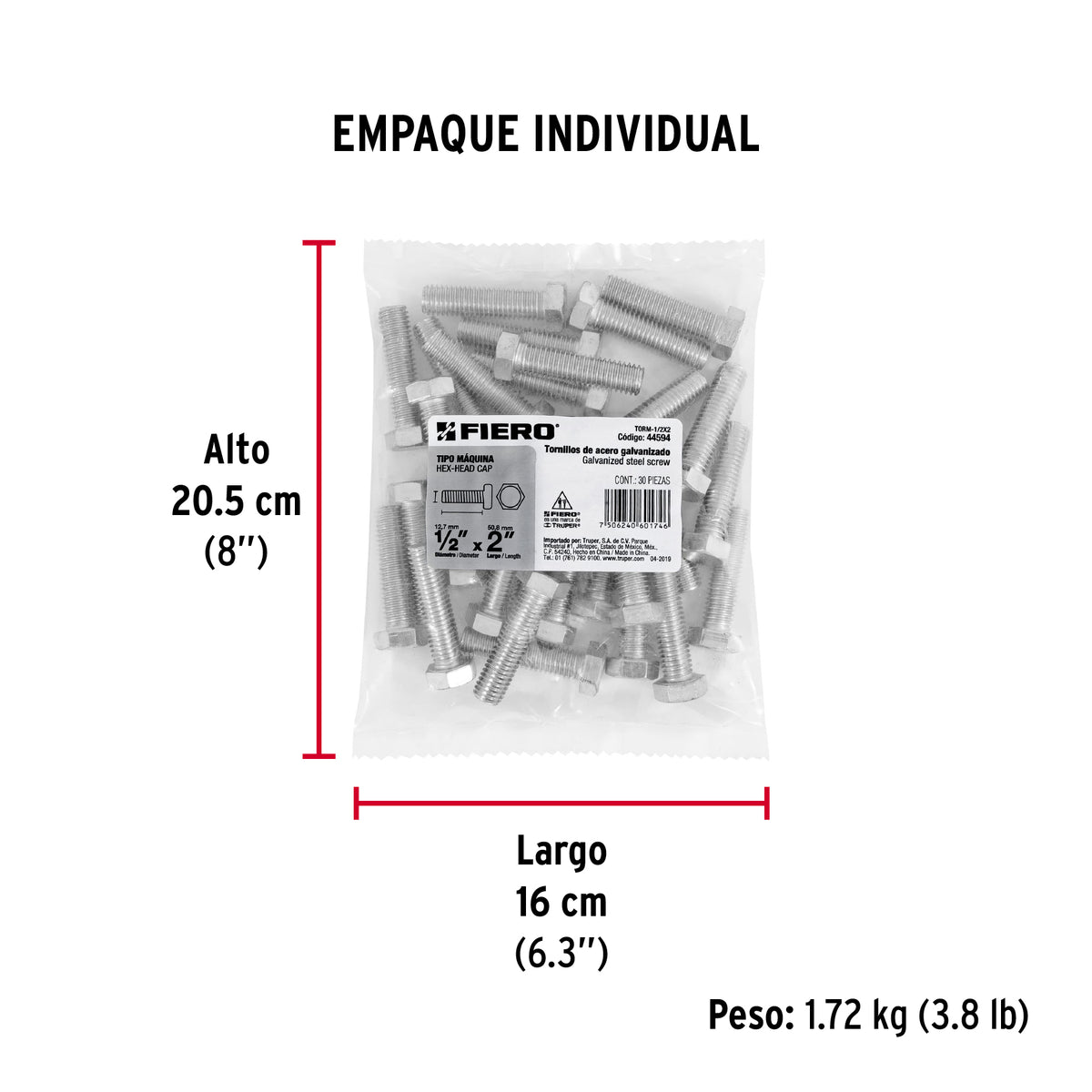 Tornillo acero galvanizado tipo máquina 1/2x2", 30 pzas
