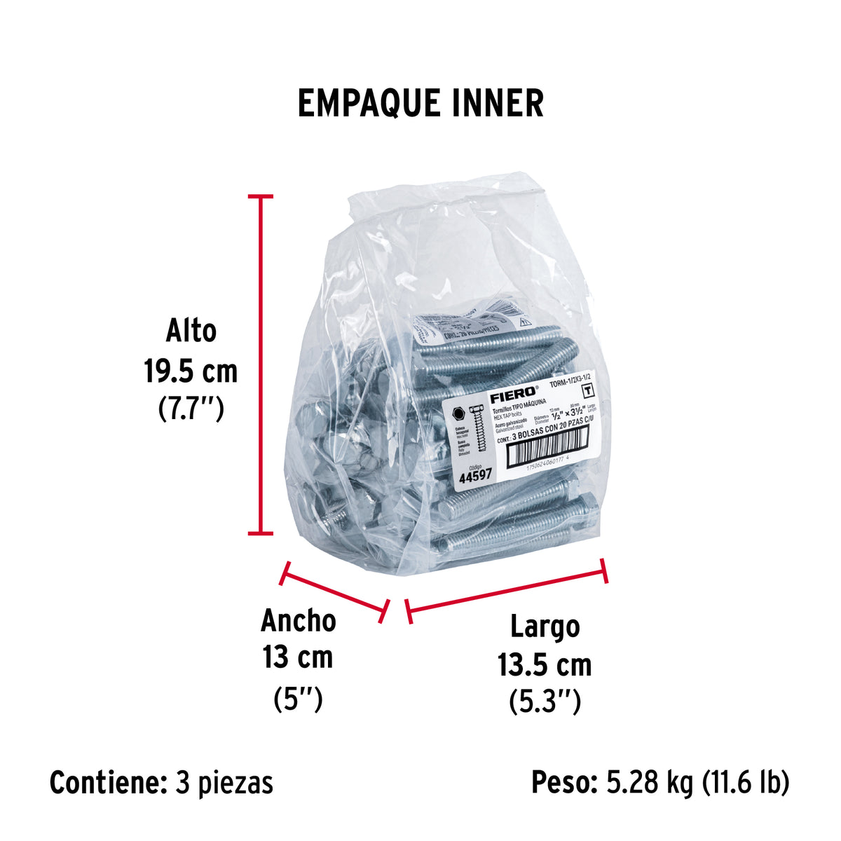 Tornillo acero galvanizado tipo máquina 1/2x3 1/2",20 pzas