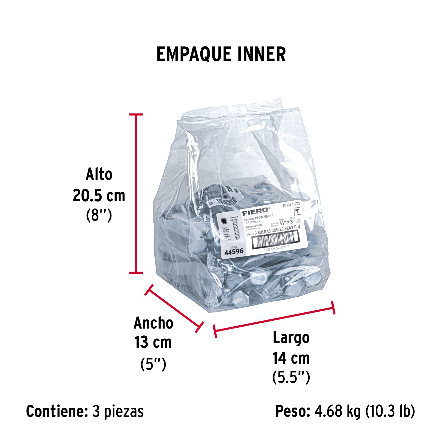 Tornillo acero galvanizado tipo máquina 1/2x3", 20 pzas