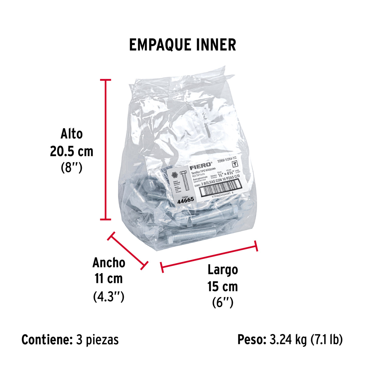 Tornillo acero galvanizado tipo máquina, 1/2X4-1/2", 10 pzas