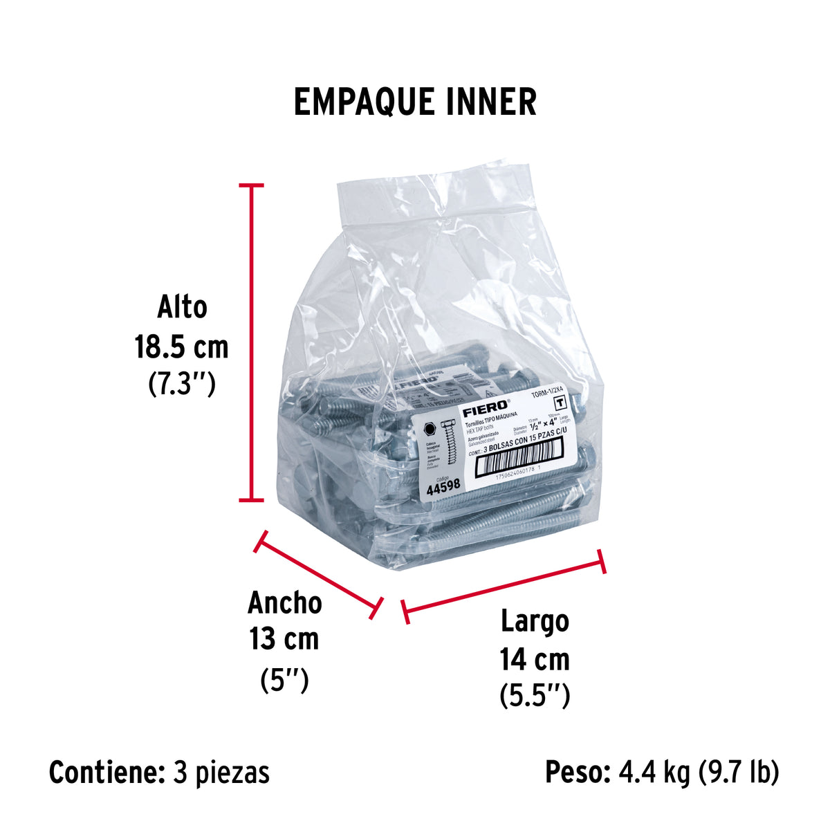 Tornillo acero galvanizado tipo máquina 1/2x4", 15 pzas