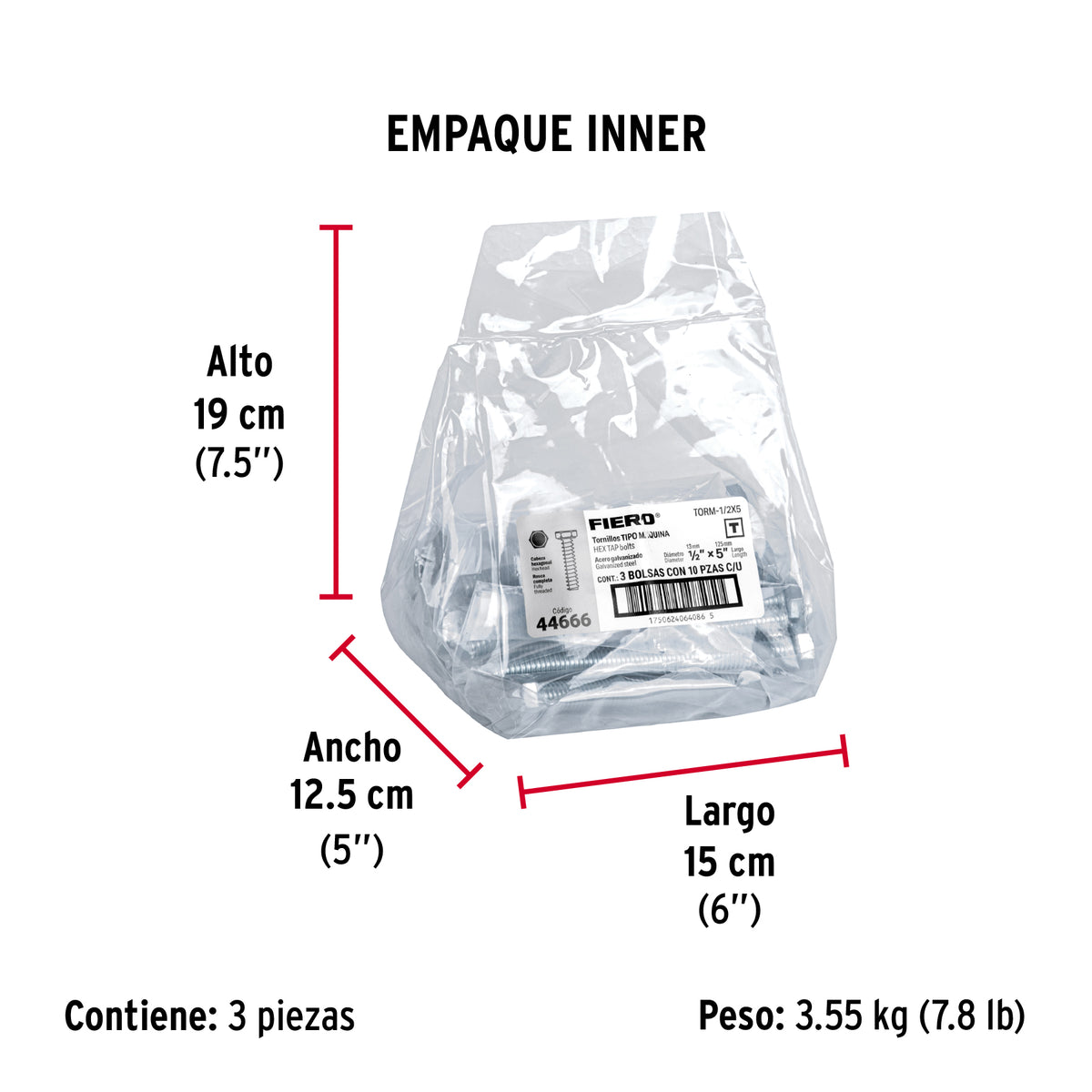 Tornillo acero galvanizado tipo máquina, 1/2X5", 10 pzas