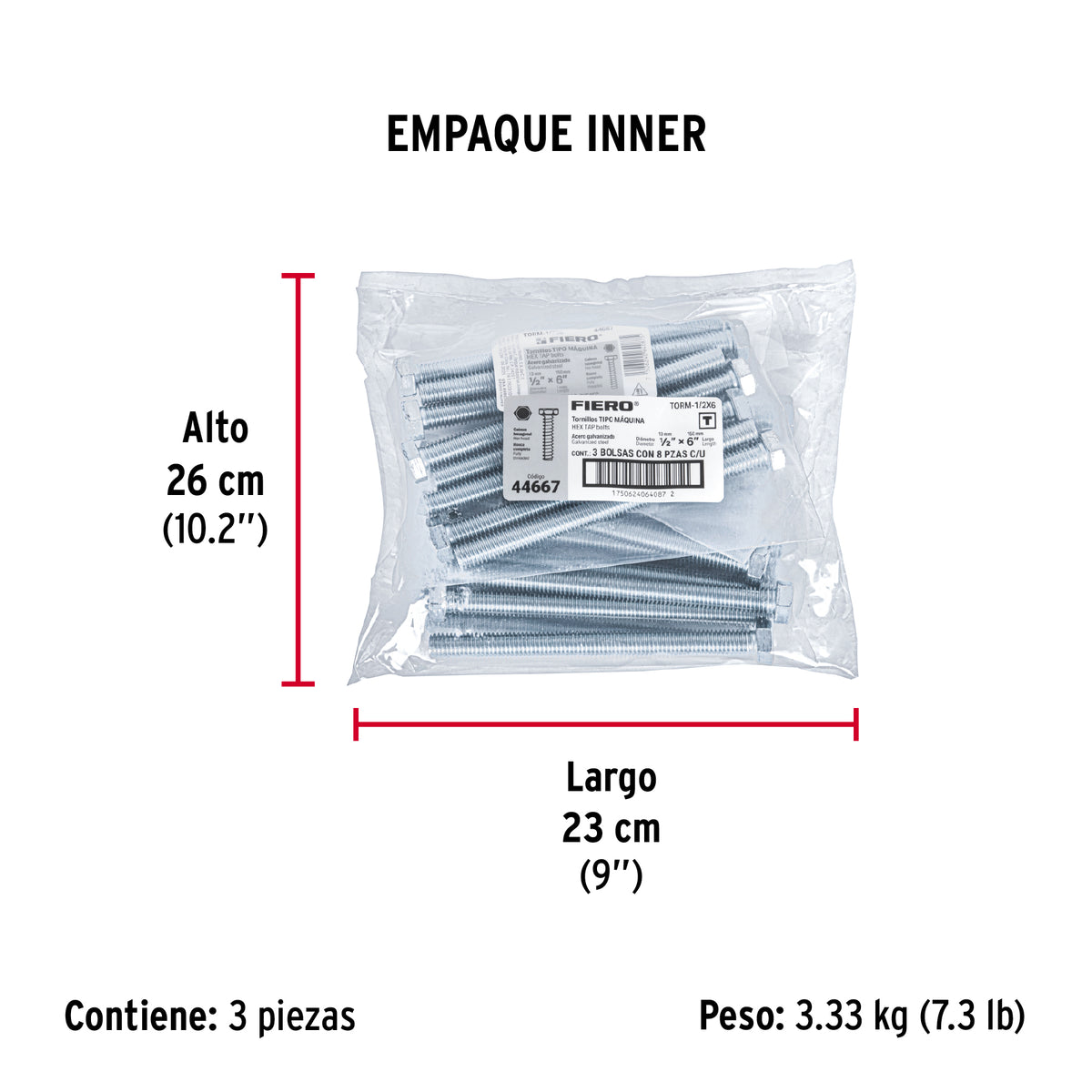 Tornillo acero galvanizado tipo máquina, 1/2X6", 8 pzas