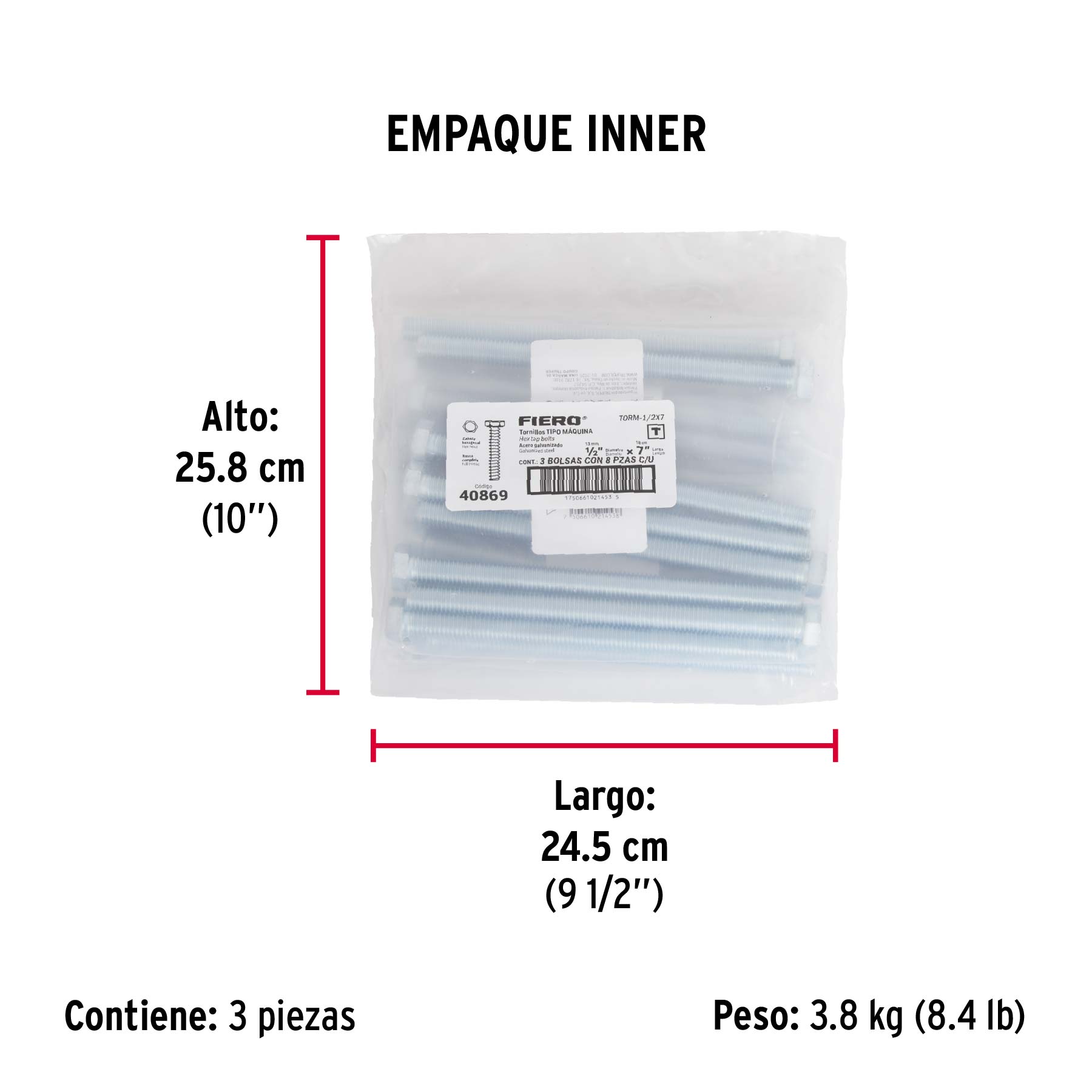 Bolsa con 8 tornillos 1/2' x 7' tipo máquina, FIERO