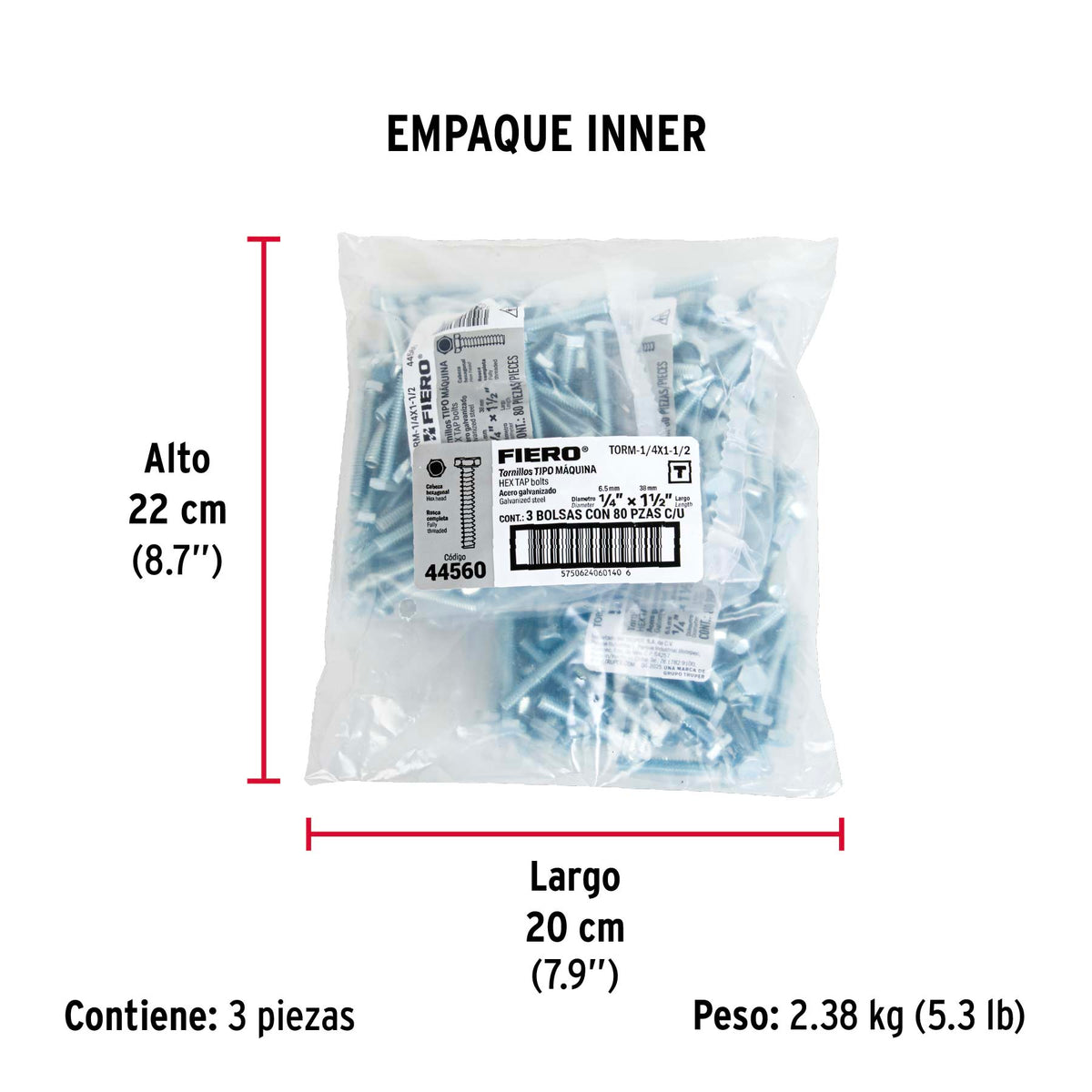 Tornillo acero galvanizado tipo máquina 1/4x1 1/2", 80 pzas