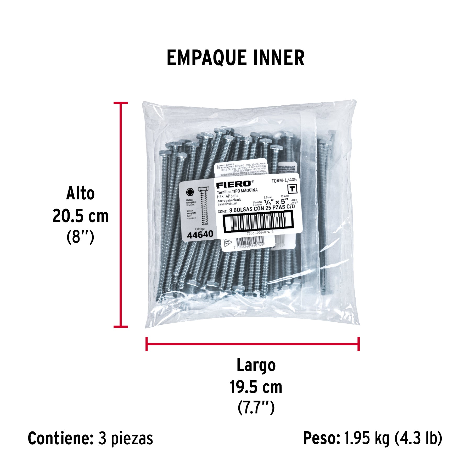 Tornillo acero galvanizado tipo máquina, 1/4X5", 25 pzas