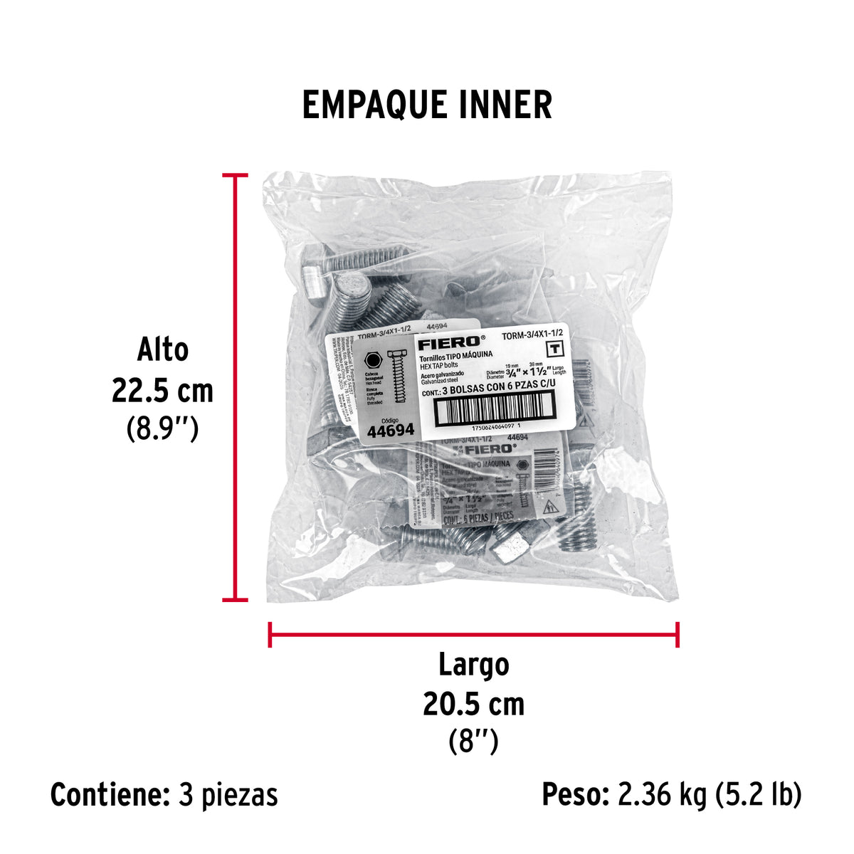Tornillo acero galvanizado tipo máquina, 3/4X1-1/2", 6 pzas