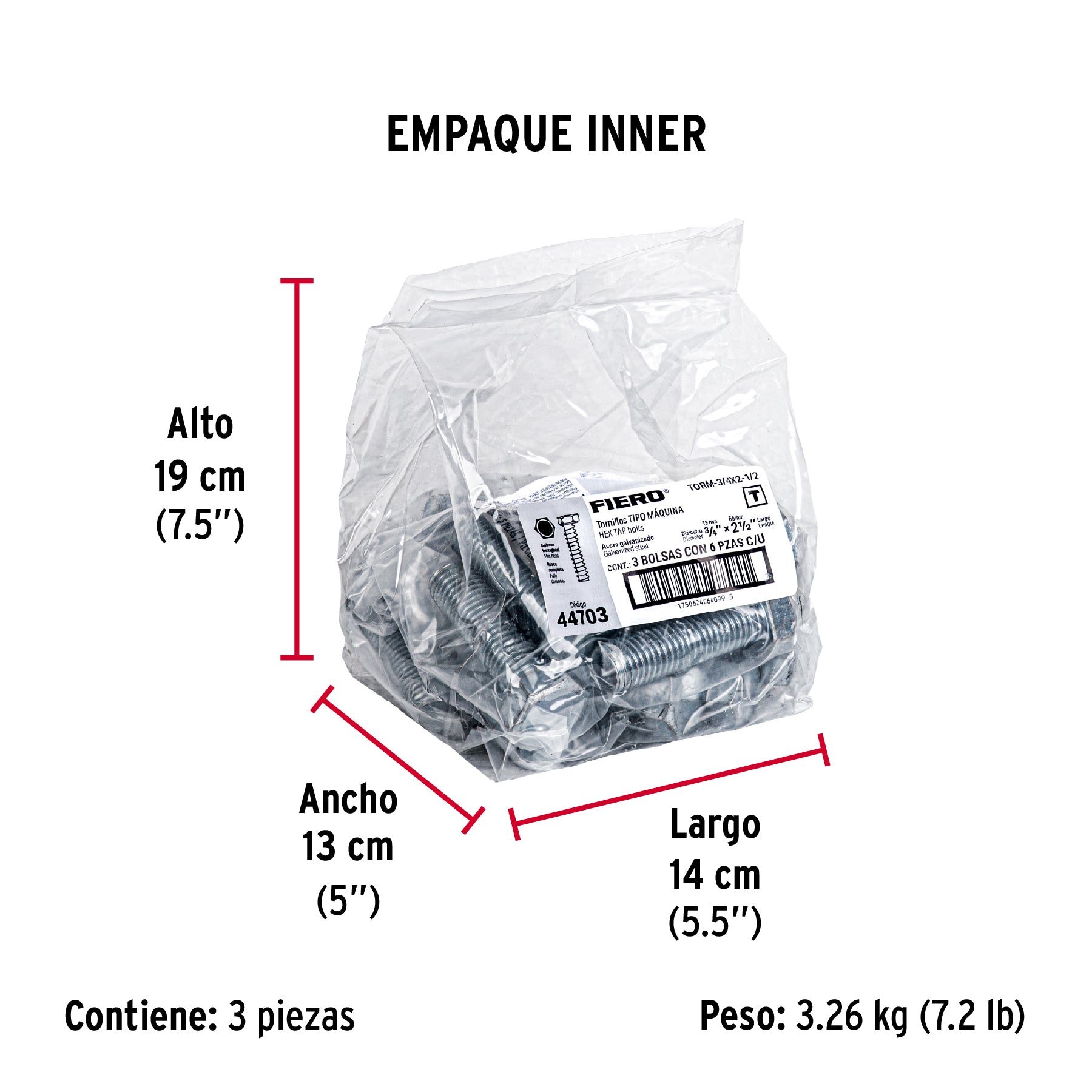 Tornillo acero galvanizado tipo máquina, 3/4X2-1/2", 6 pzas