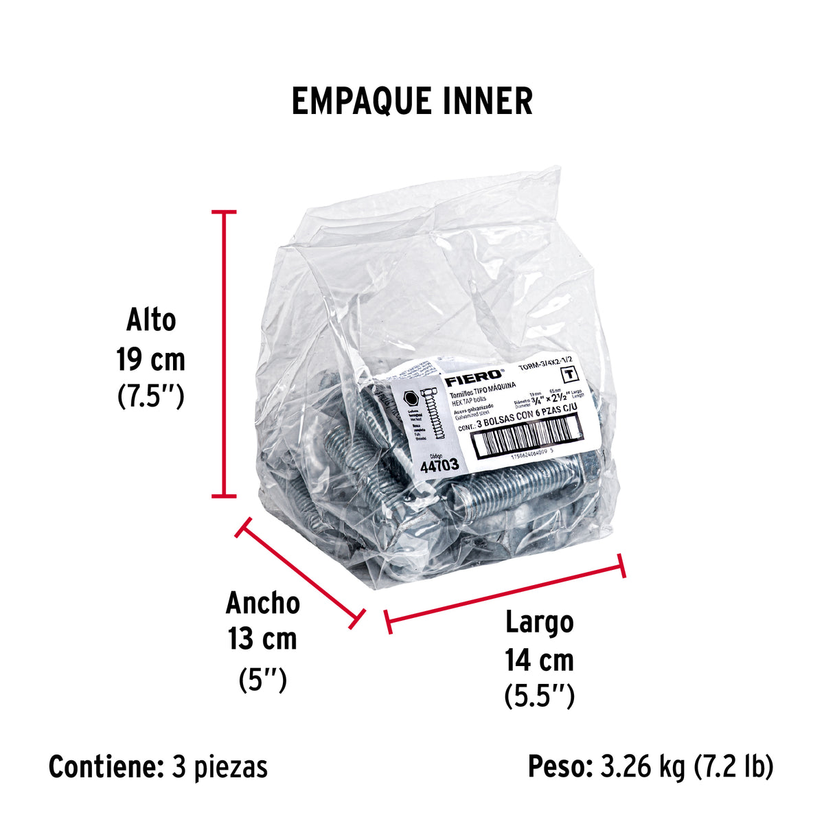 Tornillo acero galvanizado tipo máquina, 3/4X2-1/2", 6 pzas