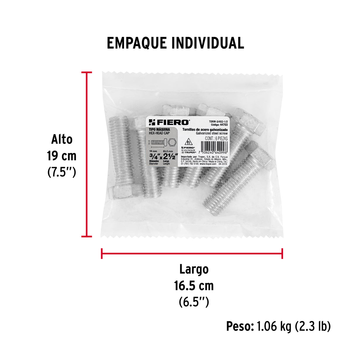 Tornillo acero galvanizado tipo máquina, 3/4X2-1/2", 6 pzas
