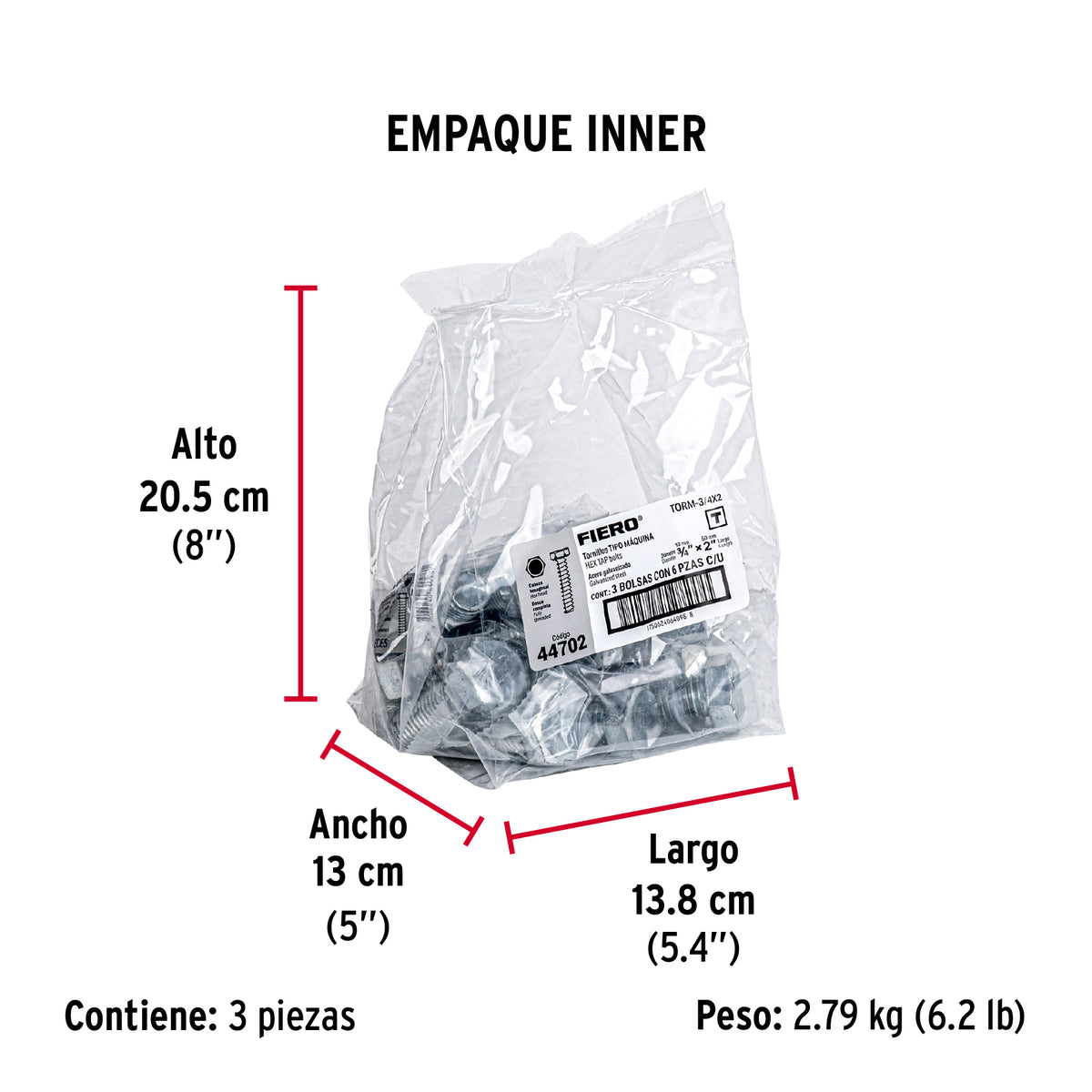 Tornillo acero galvanizado tipo máquina, 3/4X2", 6 pzas