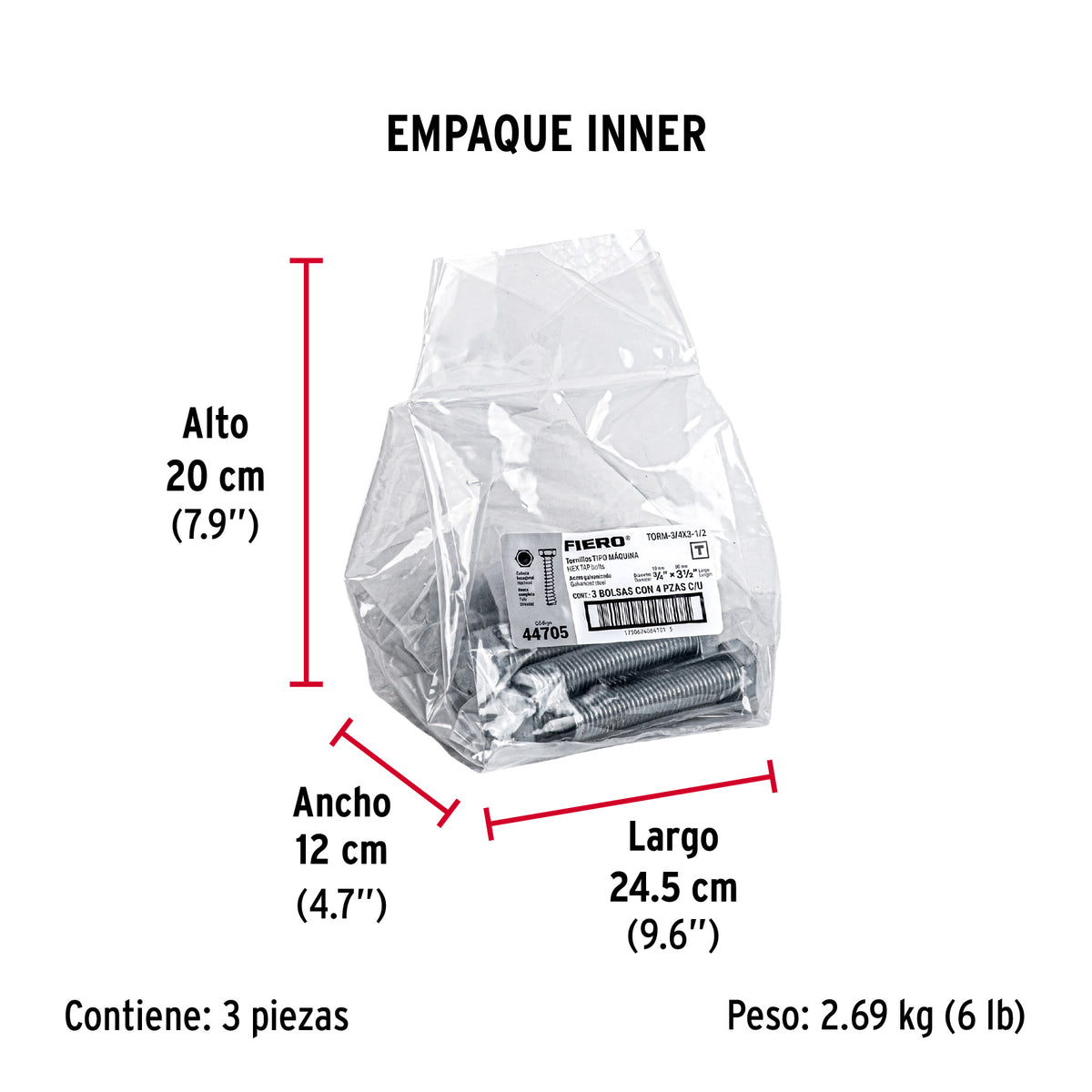 Tornillo acero galvanizado tipo máquina, 3/4X3-1/2", 4 pzas