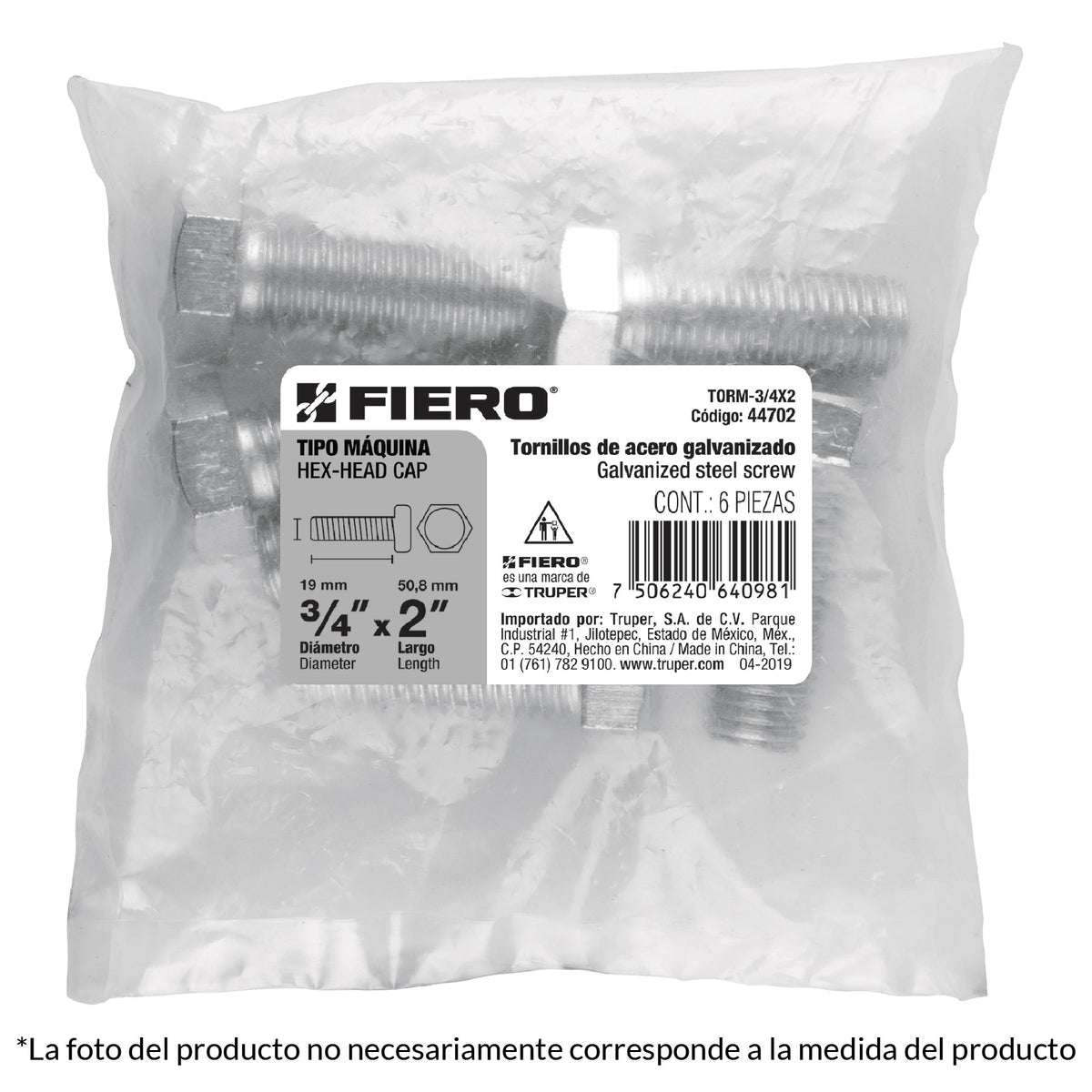 Tornillo acero galvanizado tipo máquina, 3/4X3", 4 pzas