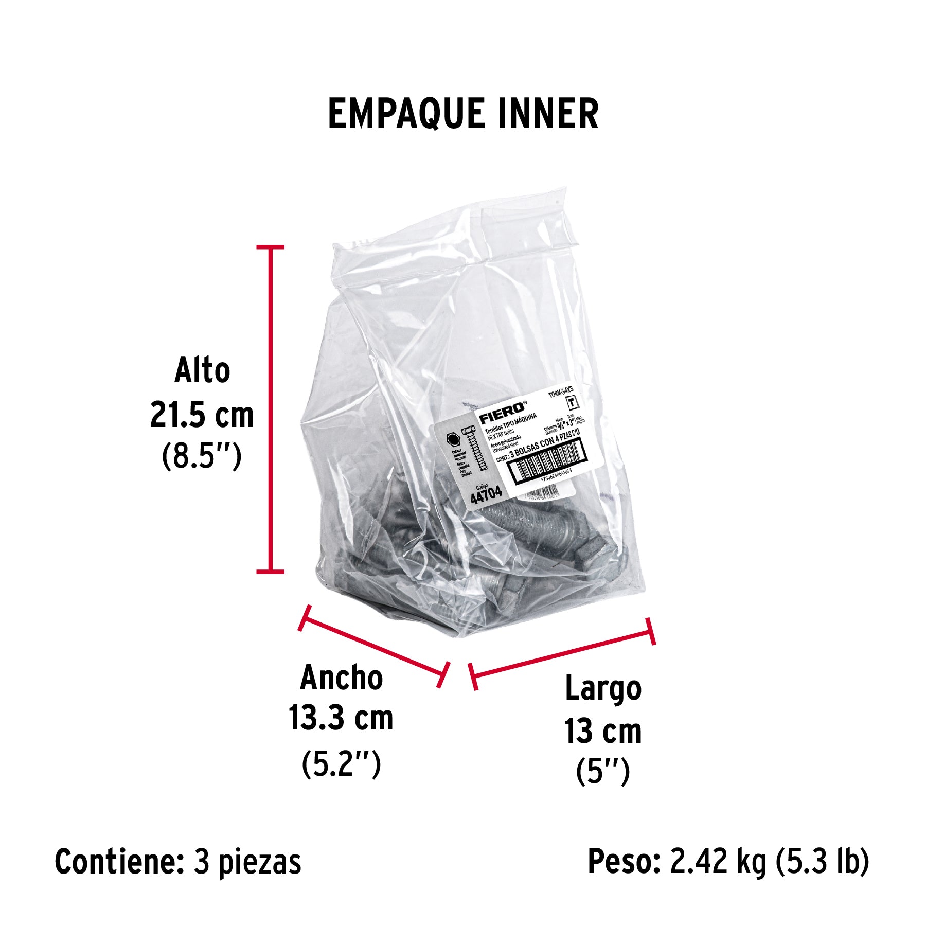 Tornillo acero galvanizado tipo máquina, 3/4X3", 4 pzas