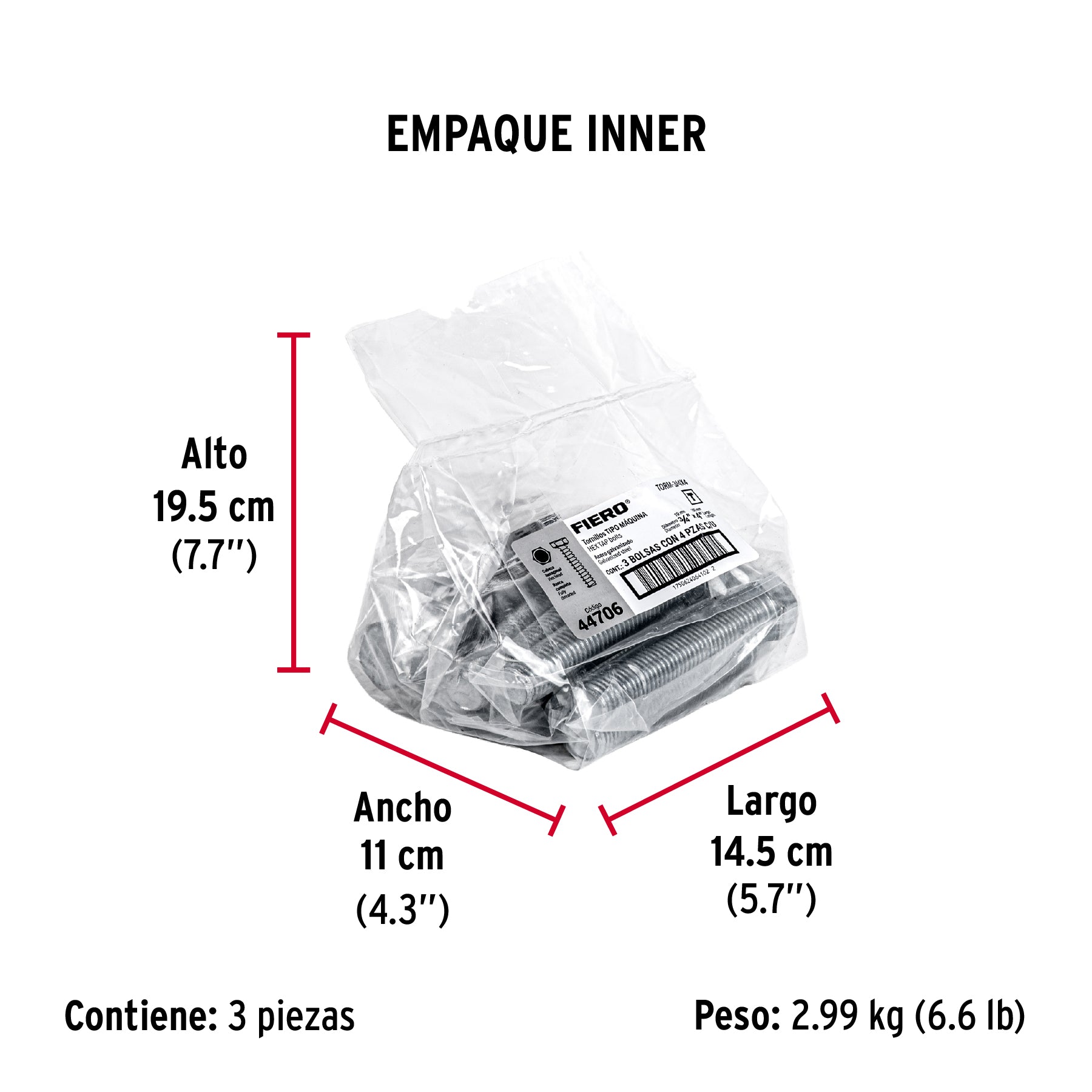 Tornillo acero galvanizado tipo máquina, 3/4X4", 4 pzas