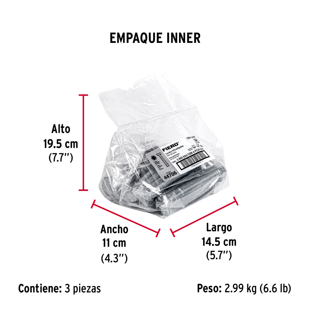 Tornillo acero galvanizado tipo máquina, 3/4X4", 4 pzas