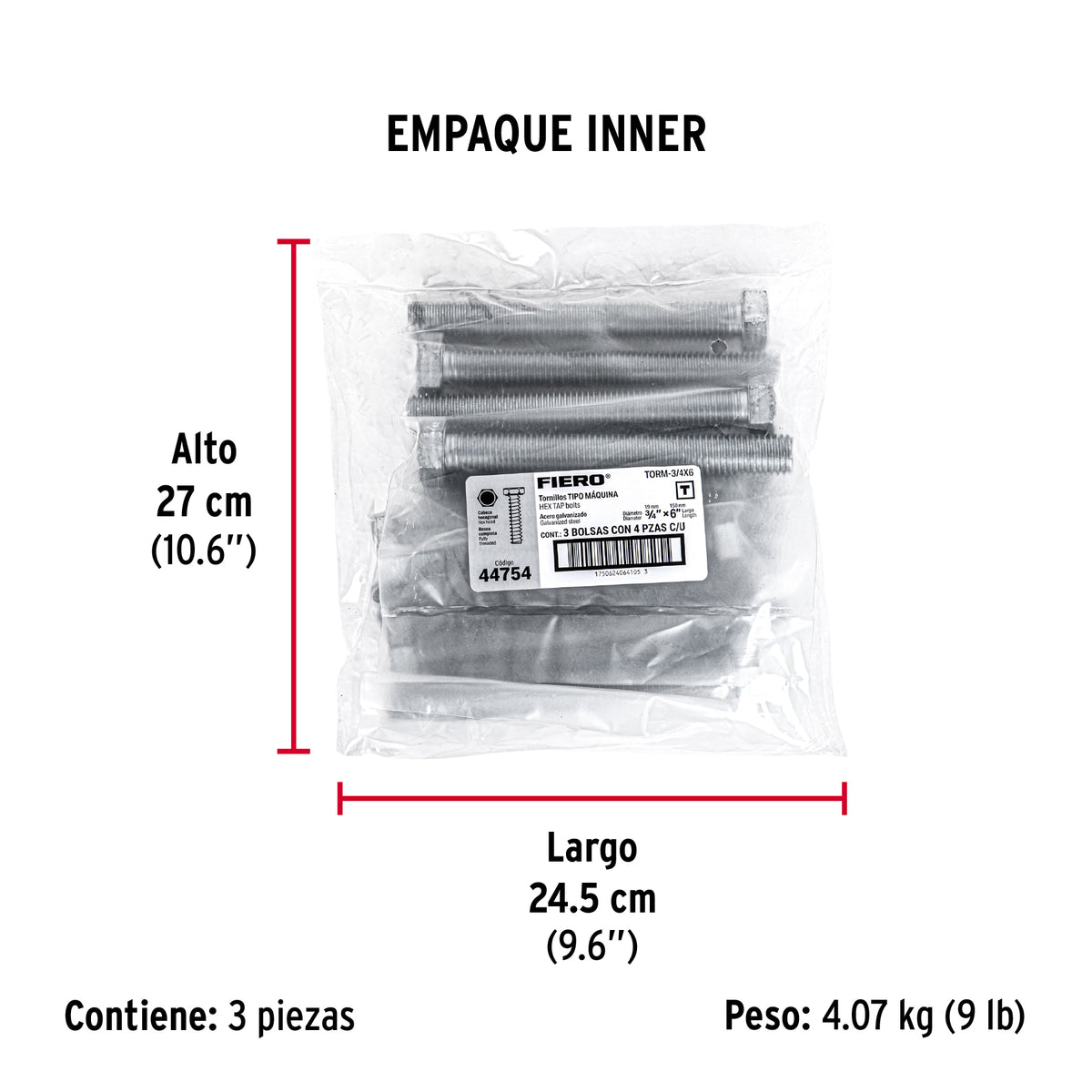 Tornillo acero galvanizado tipo máquina, 3/4X6", 4 pzas