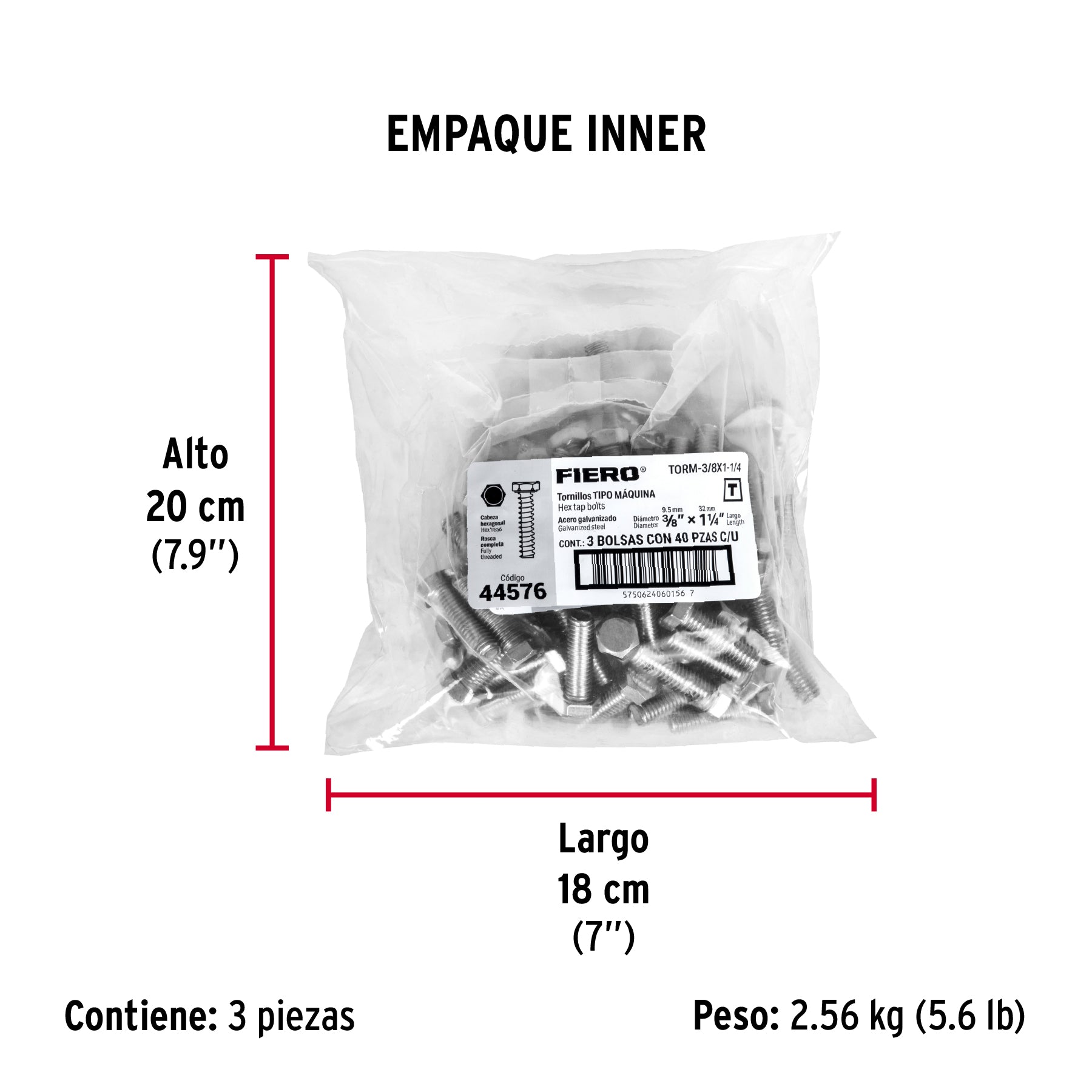 Tornillo acero galvanizado tipo máquina 3/8x1 1/4", 40 pzas