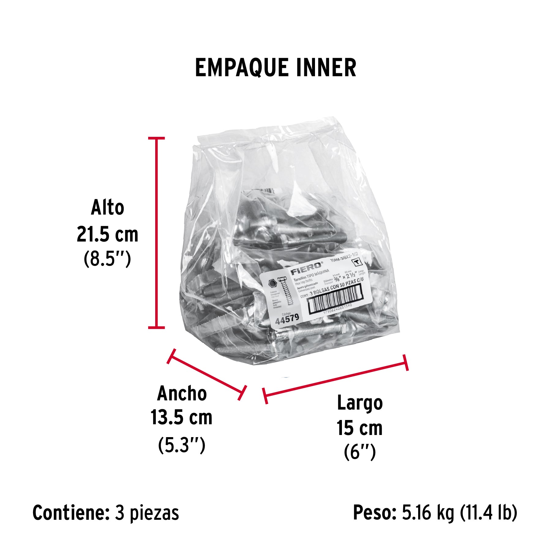 Tornillo acero galvanizado tipo máquina 3/8x2 1/2", 50 pzas