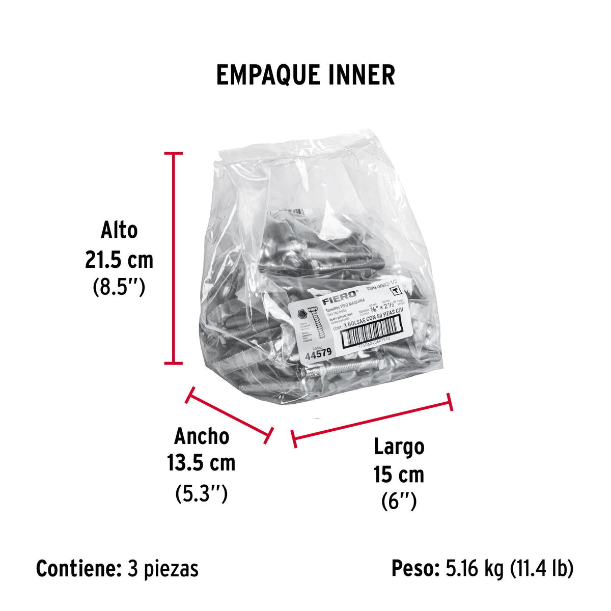 Tornillo acero galvanizado tipo máquina 3/8x2 1/2", 50 pzas