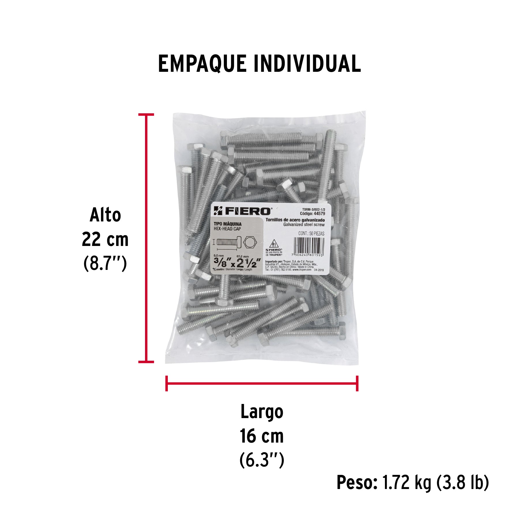 Tornillo acero galvanizado tipo máquina 3/8x2 1/2", 50 pzas