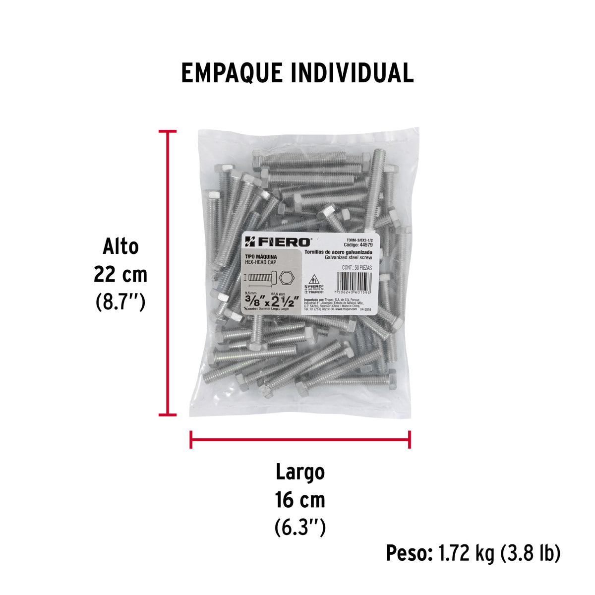 Tornillo acero galvanizado tipo máquina 3/8x2 1/2", 50 pzas