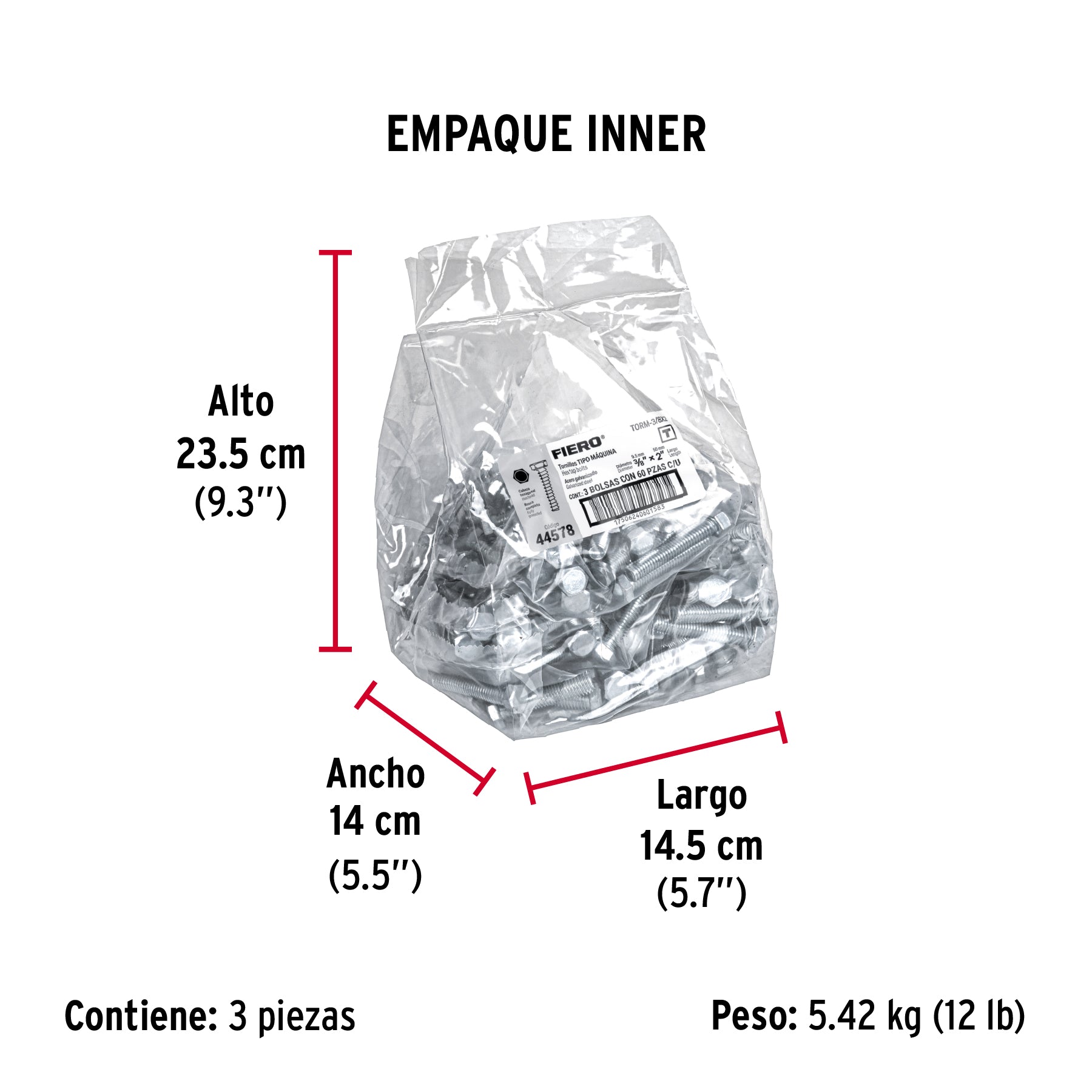 Tornillo acero galvanizado tipo máquina 3/8x2", 60 pzas