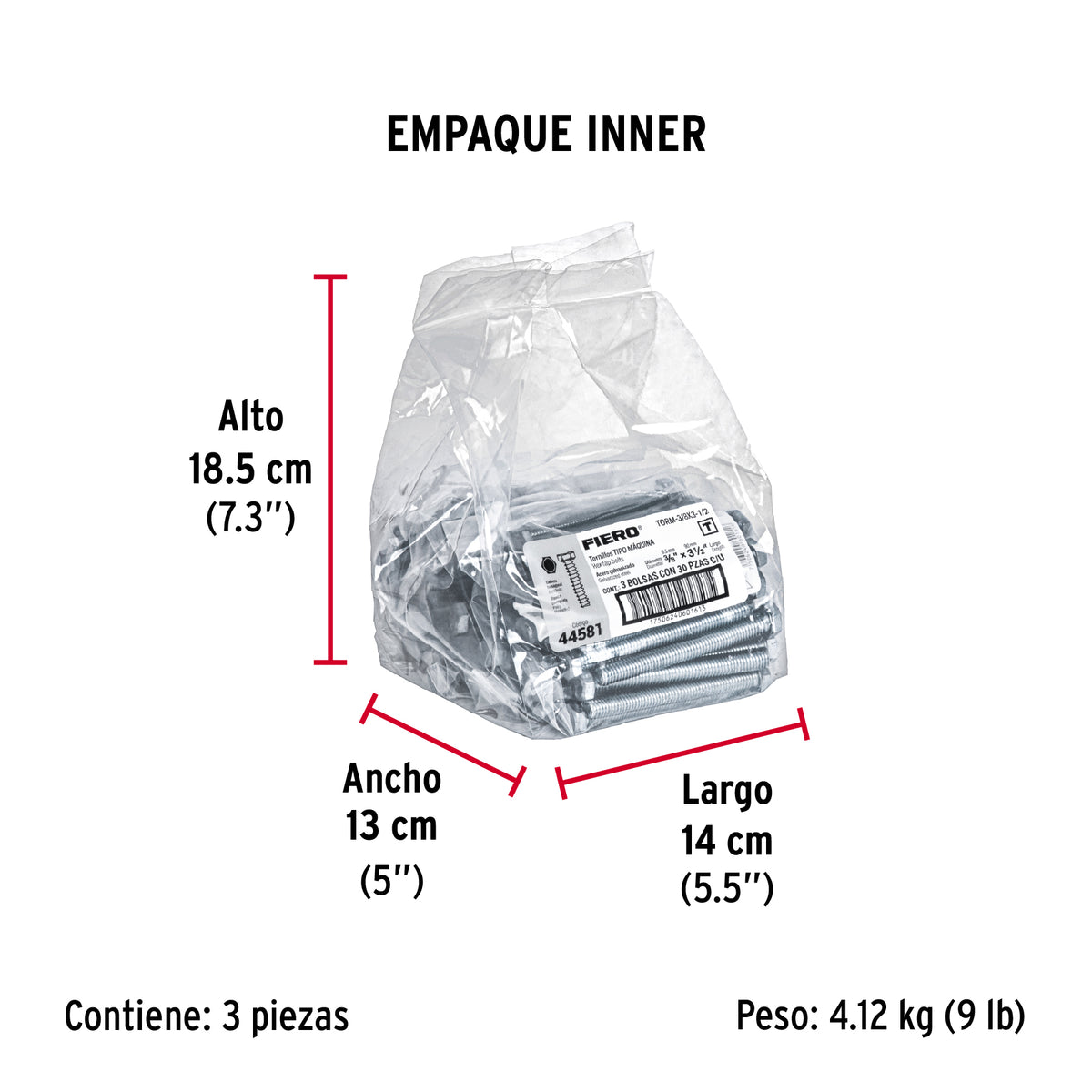 Tornillo acero galvanizado tipo máquina 3/8x3 1/2", 30 pzas