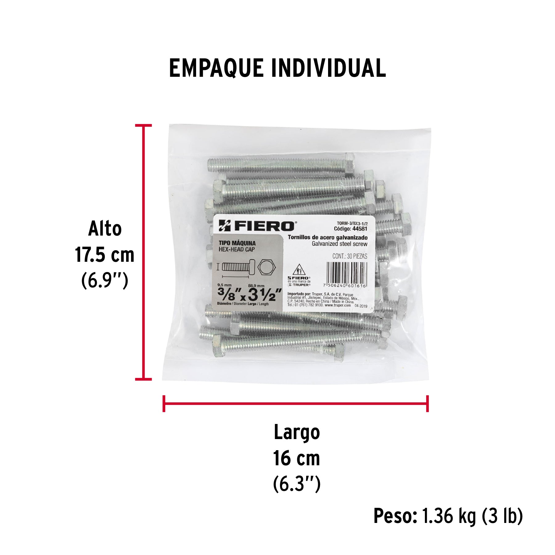 Tornillo acero galvanizado tipo máquina 3/8x3 1/2", 30 pzas