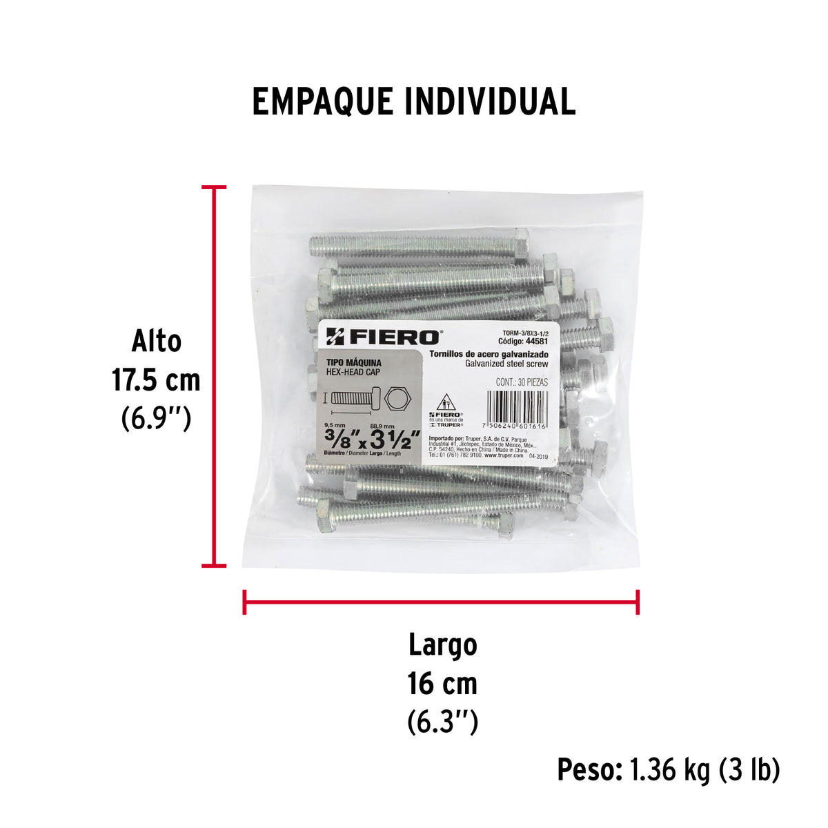 Tornillo acero galvanizado tipo máquina 3/8x3 1/2", 30 pzas