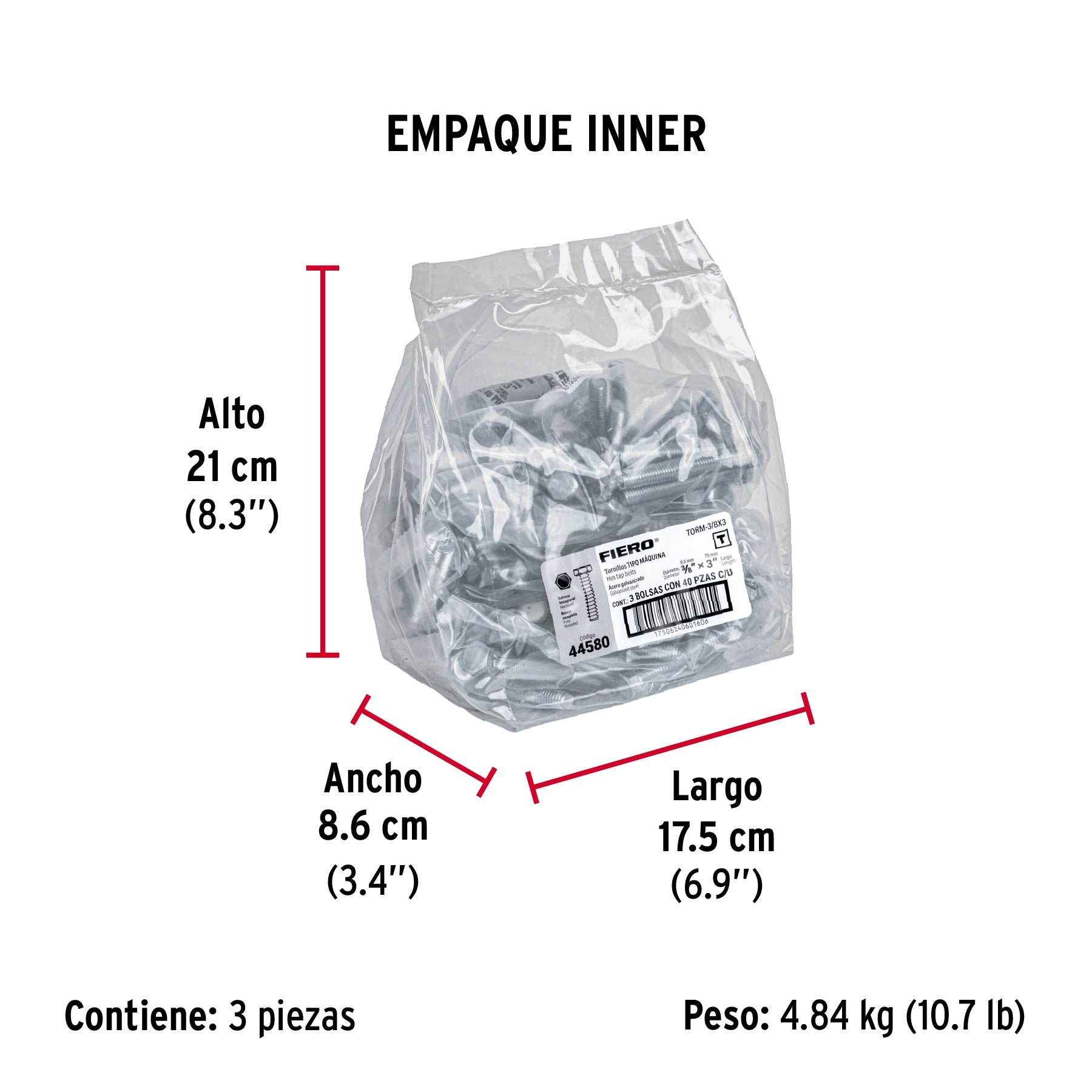 Tornillo acero galvanizado tipo máquina 3/8x3", 40 pzas