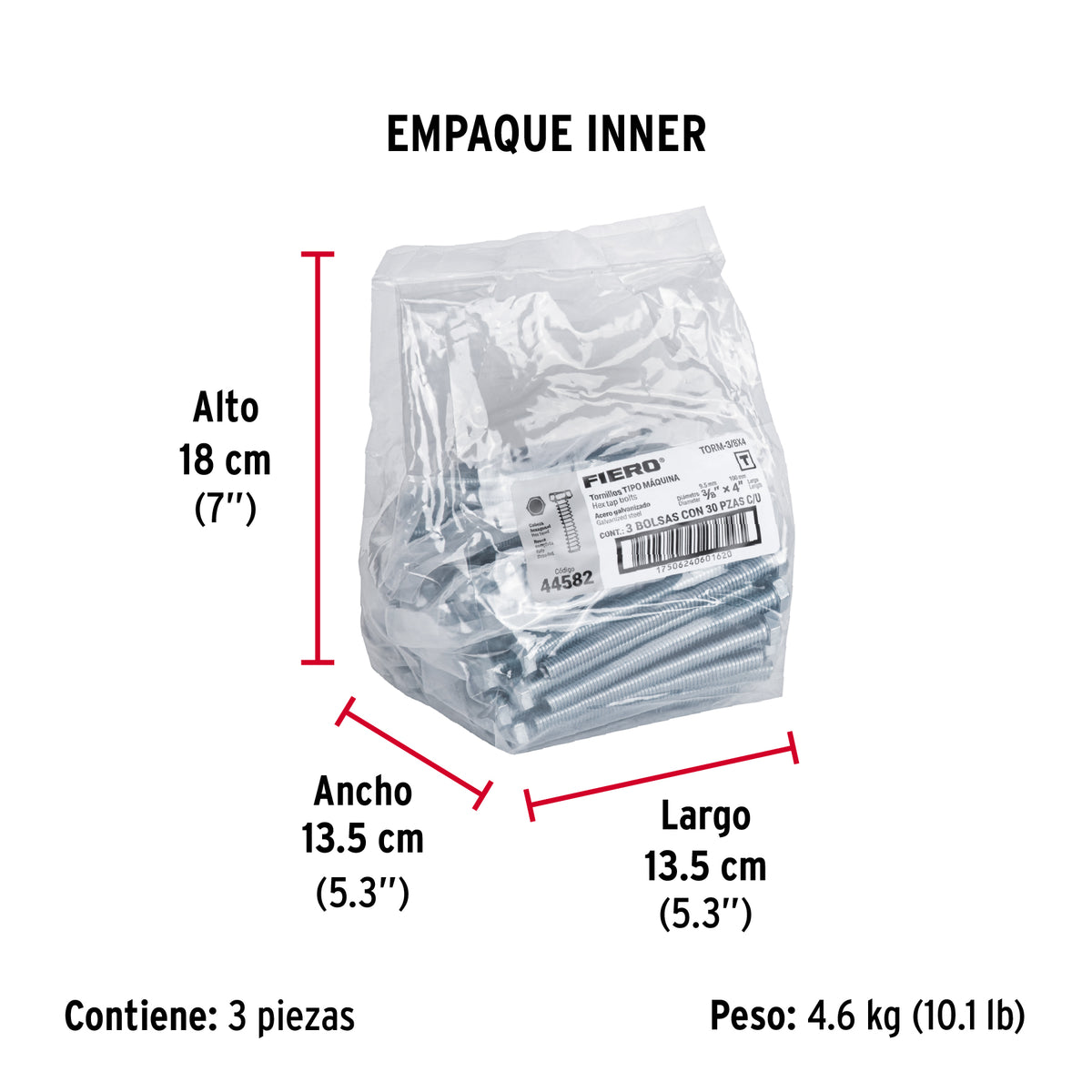 Tornillo acero galvanizado tipo máquina 3/8x4", 30 pzas