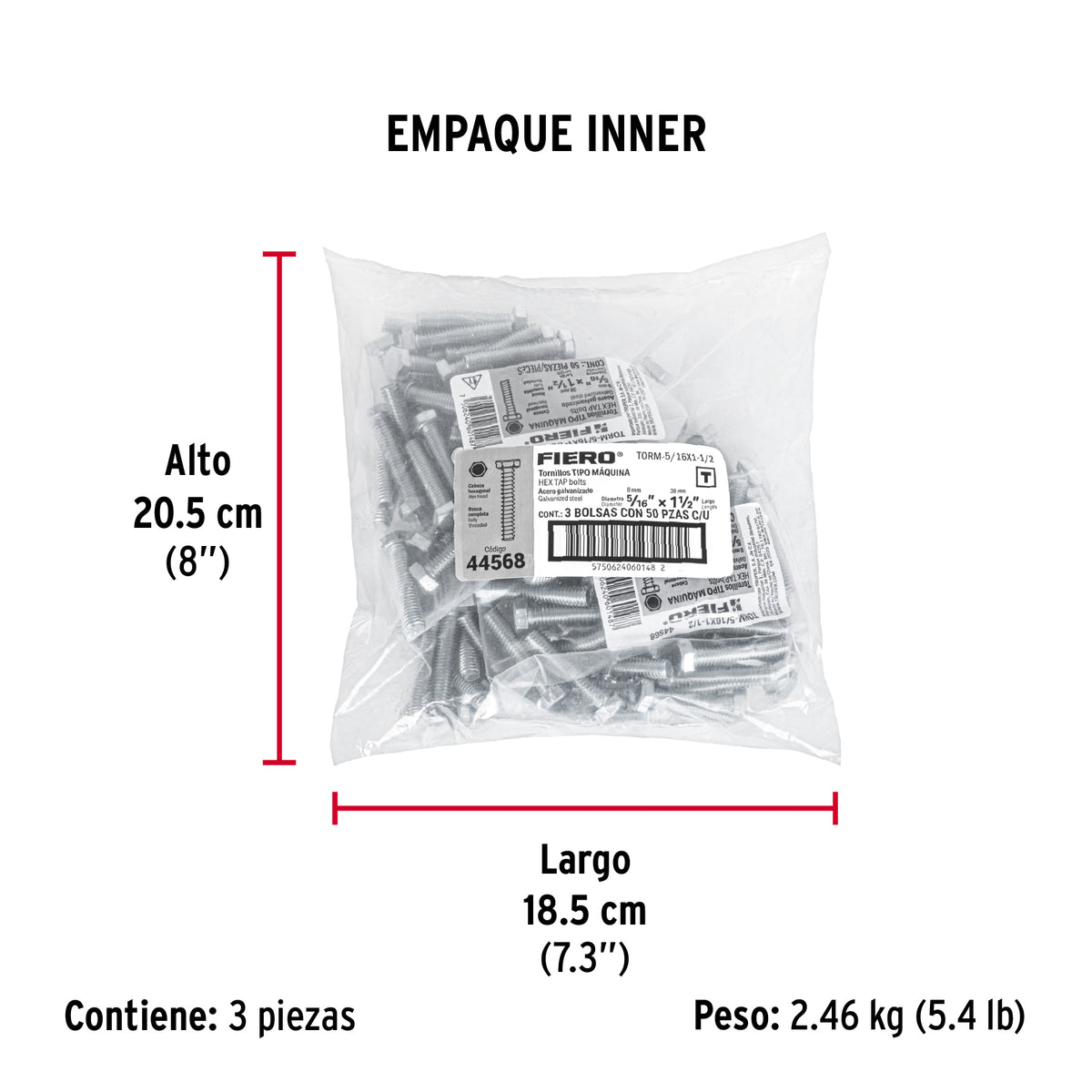 Tornillo acero galvanizado tipo máquina 5/16x1 1/2",50 pzas