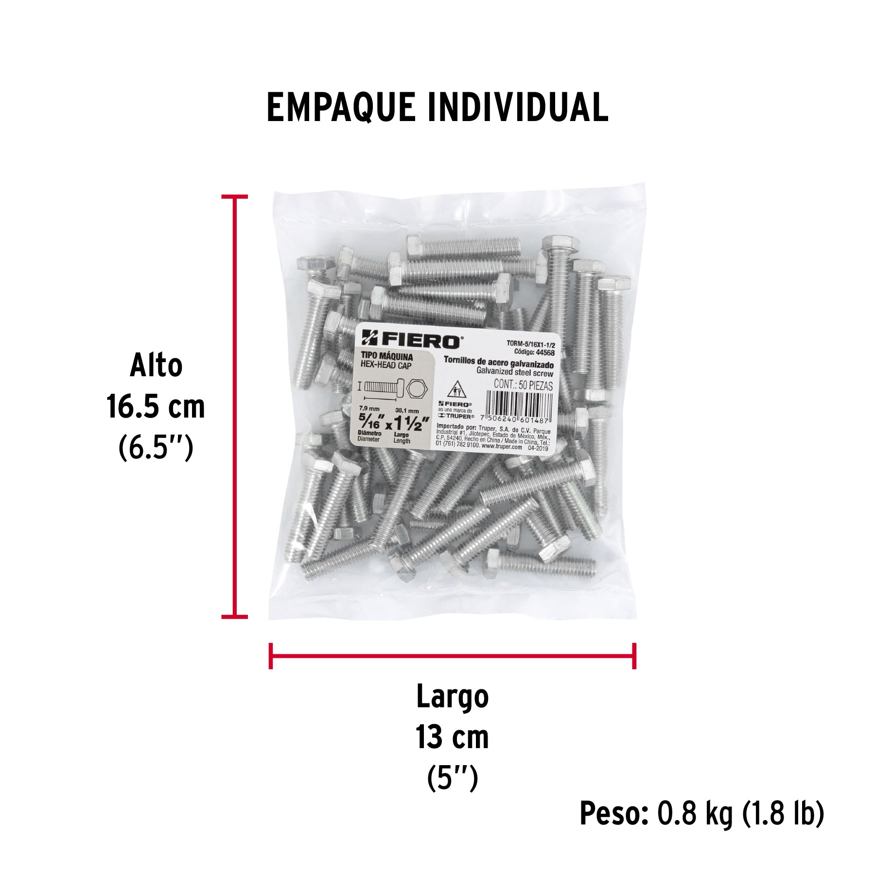Tornillo acero galvanizado tipo máquina 5/16x1 1/2",50 pzas