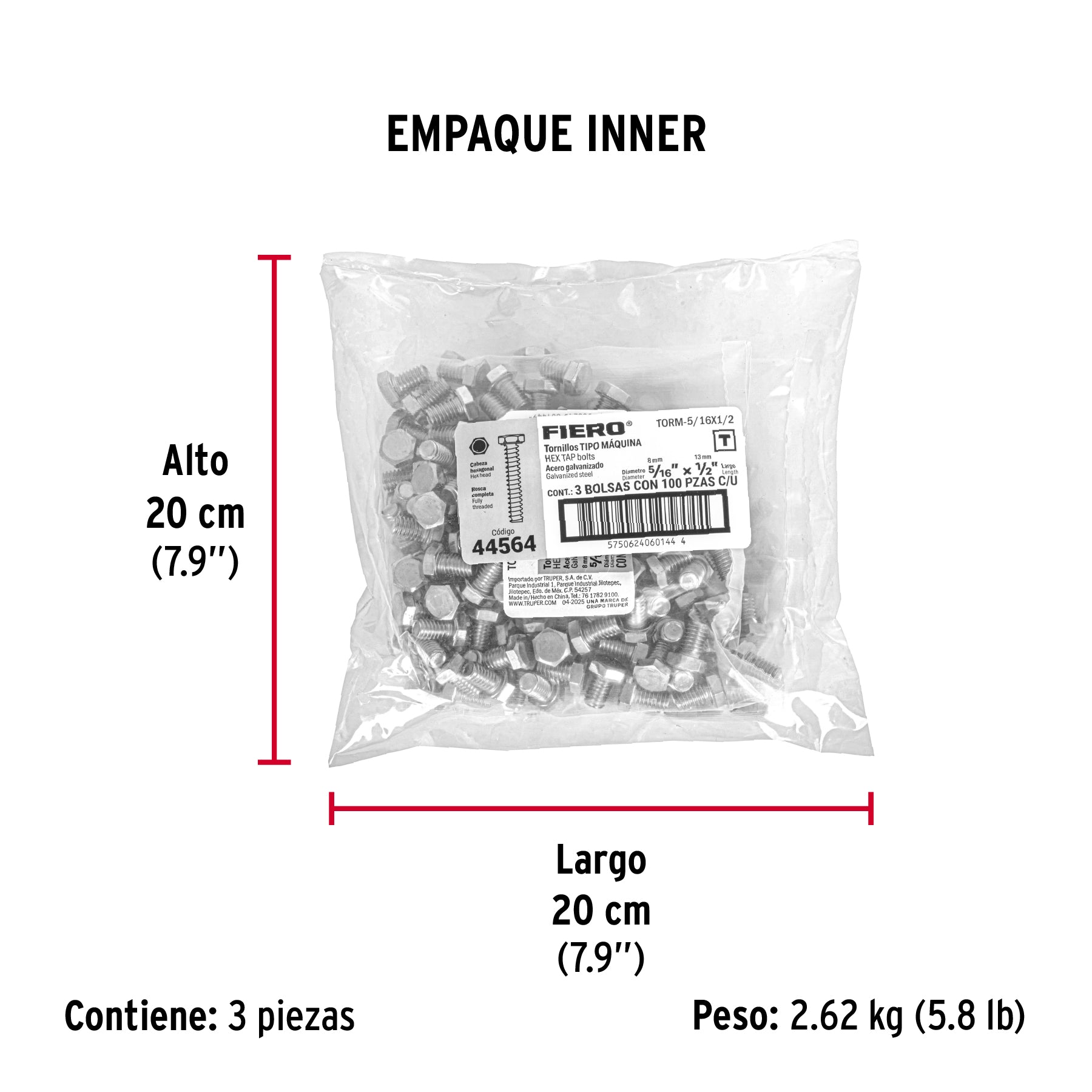 Tornillo acero galvanizado tipo máquina 5/16x1/2", 100 pzas