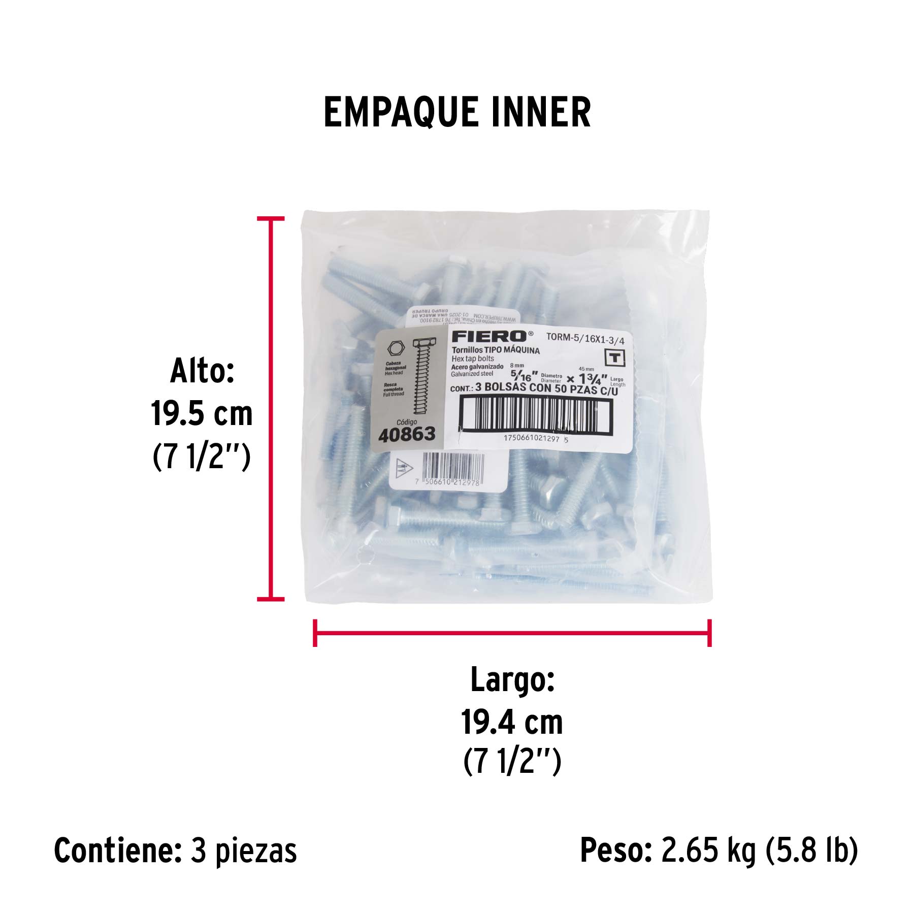 Bolsa con 50 tornillos 5/16' x 1-3/4' tipo máquina, FIERO