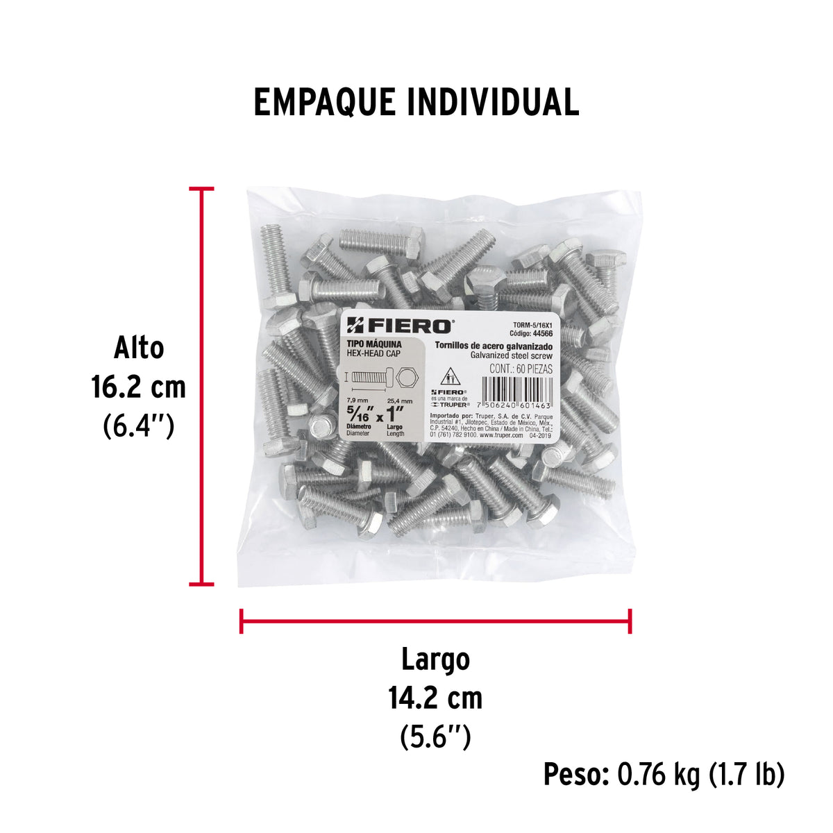 Tornillo acero galvanizado tipo máquina 5/16x1", 60 pzas