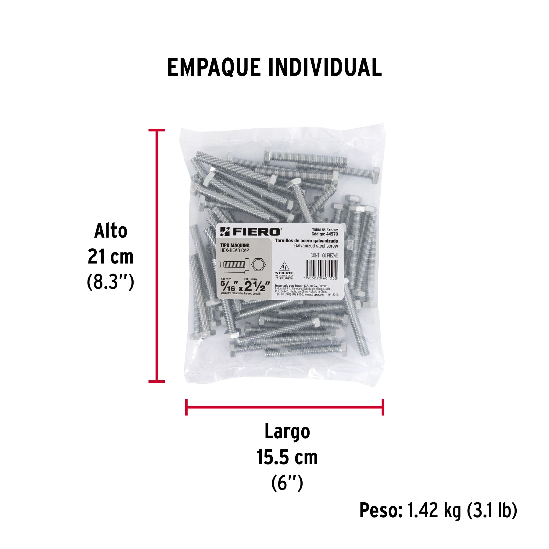 Tornillo acero galvanizado tipo máquina 5/16x2 1/2",60 pzas