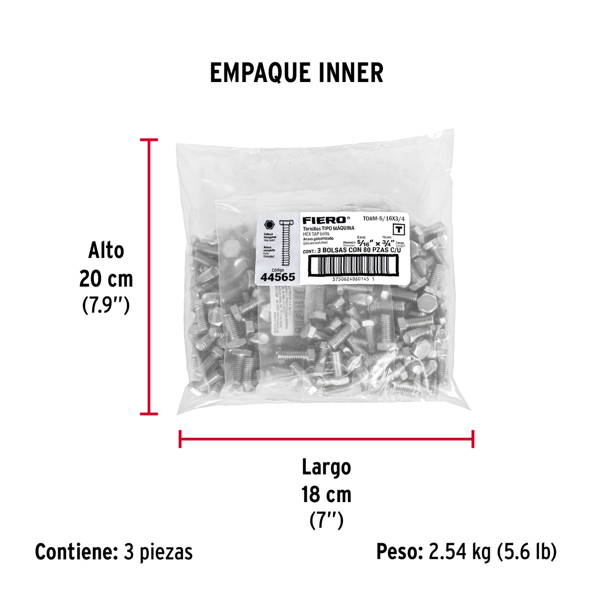 Tornillo acero galvanizado tipo máquina 5/16x3/4", 80 pzas