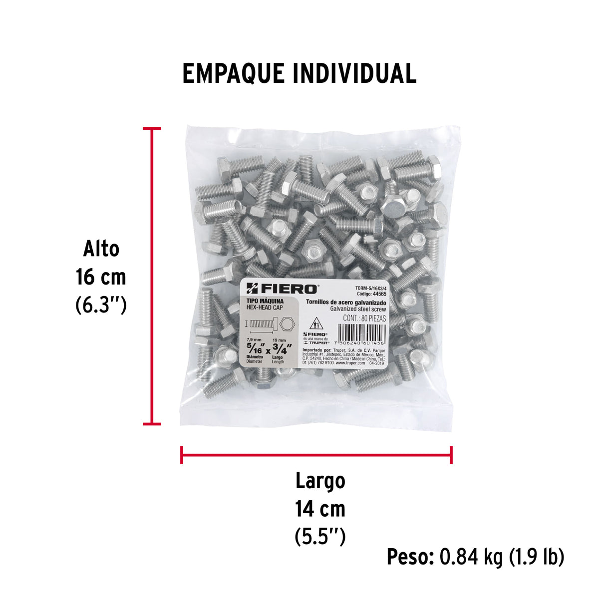 Tornillo acero galvanizado tipo máquina 5/16x3/4", 80 pzas