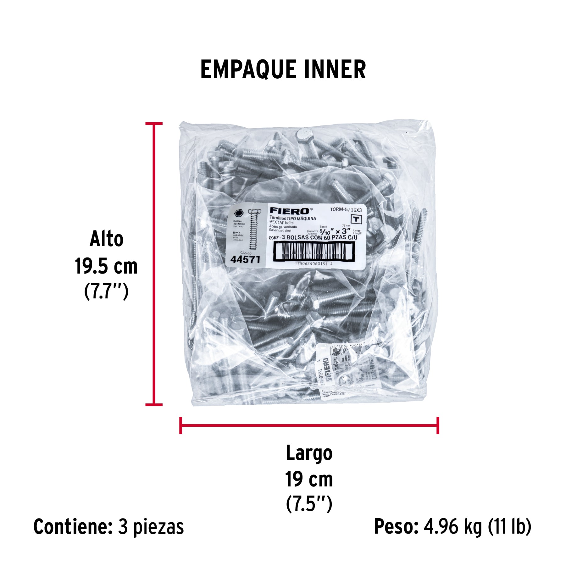 Tornillo acero galvanizado tipo máquina 5/16x3", 60 pzas