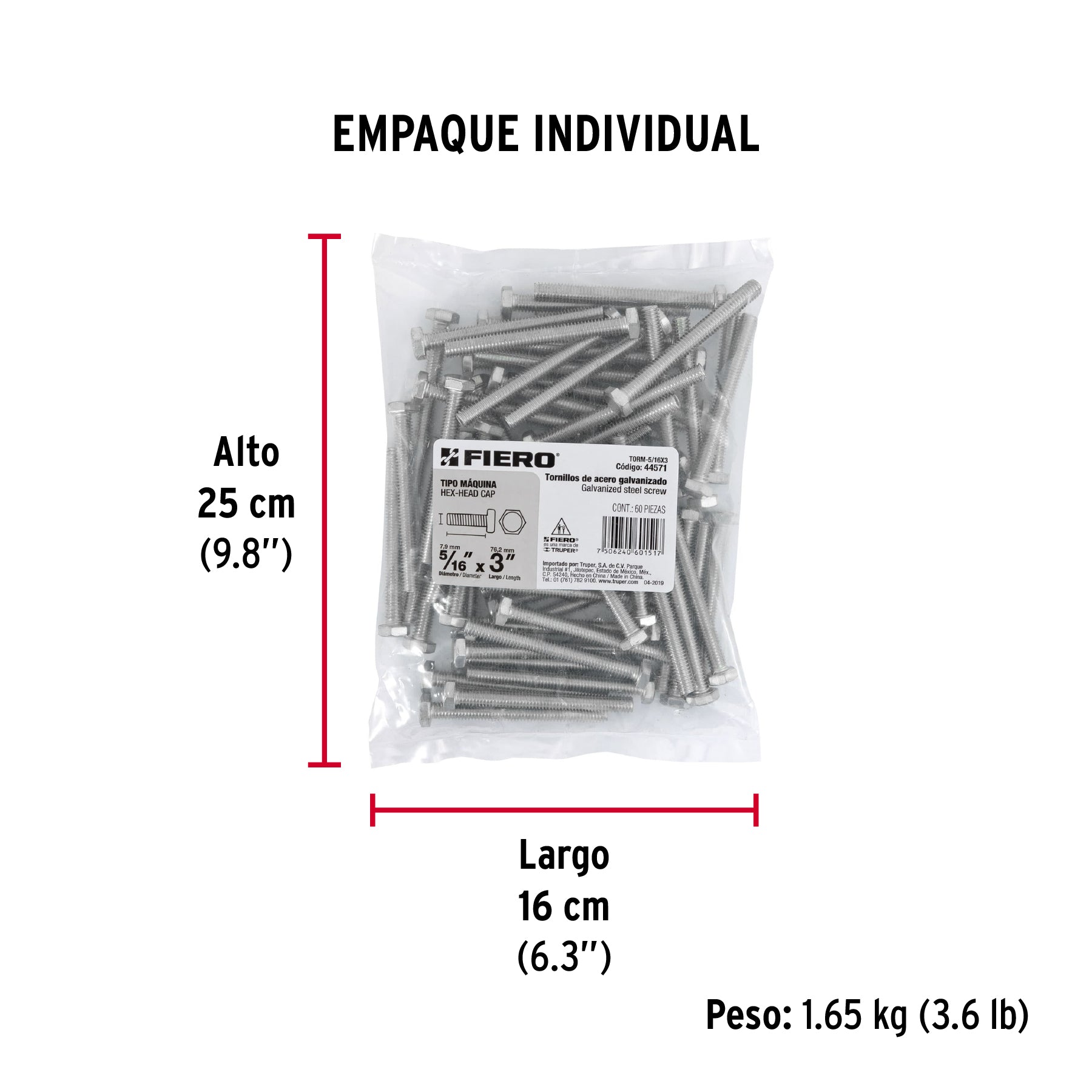 Tornillo acero galvanizado tipo máquina 5/16x3", 60 pzas